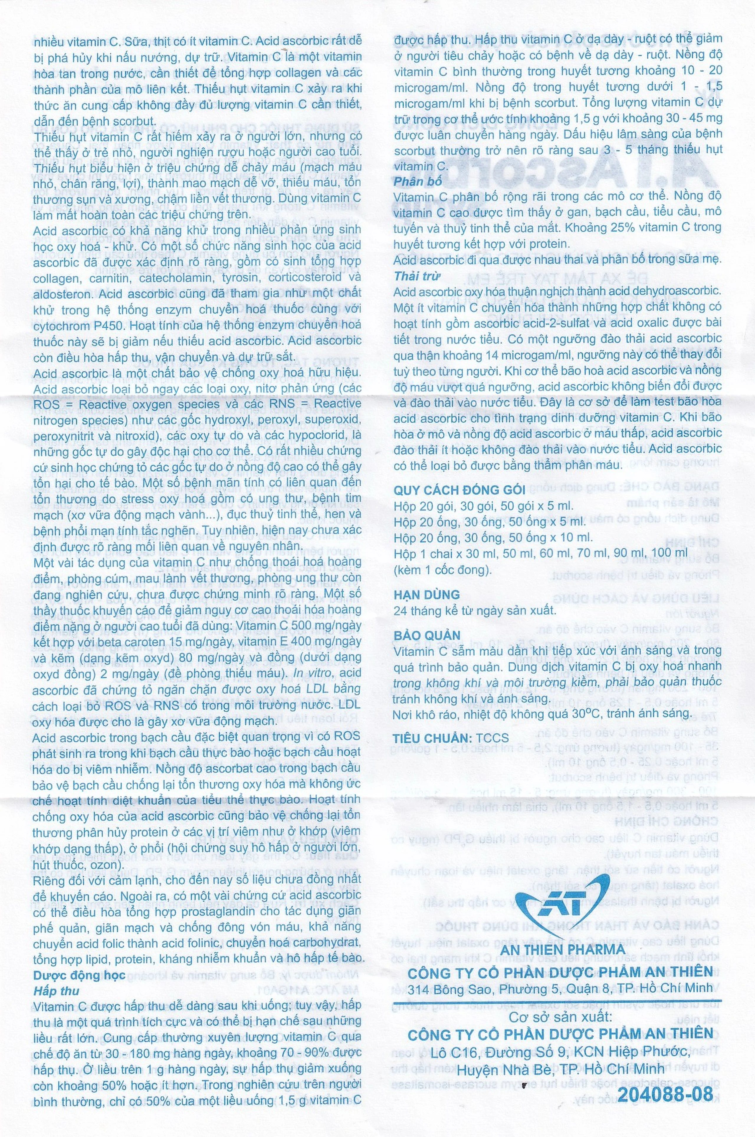 Siro A.T Ascorbic An Thiên Bổ sung vitamin C, Phòng và Điều trị bệnh scorbut (30 ống x 5ml)