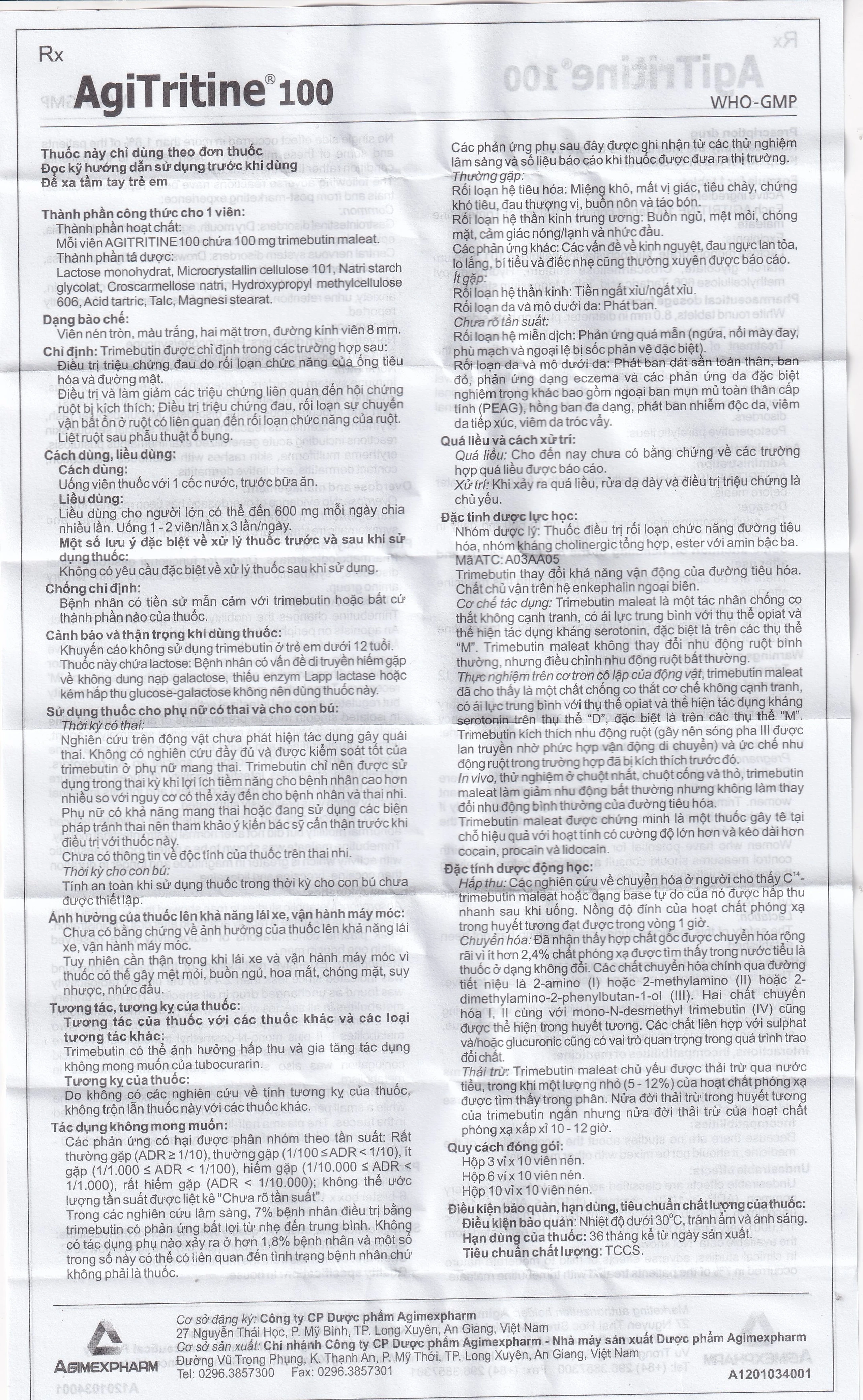 Thuốc Agitritine 100mg Agimexpharm điều trị triệu chứng rối loạn ống tiêu hóa, đường mật, ruột kích thích (6 vỉ x 10 viên)