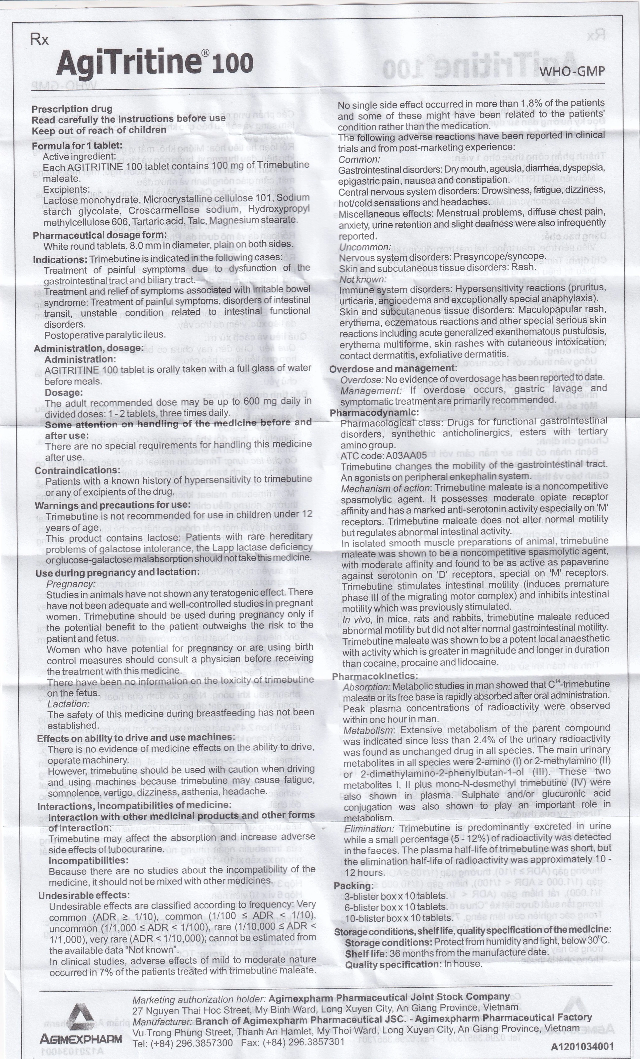 Thuốc Agitritine 100mg Agimexpharm điều trị triệu chứng rối loạn ống tiêu hóa, đường mật, ruột kích thích (6 vỉ x 10 viên)