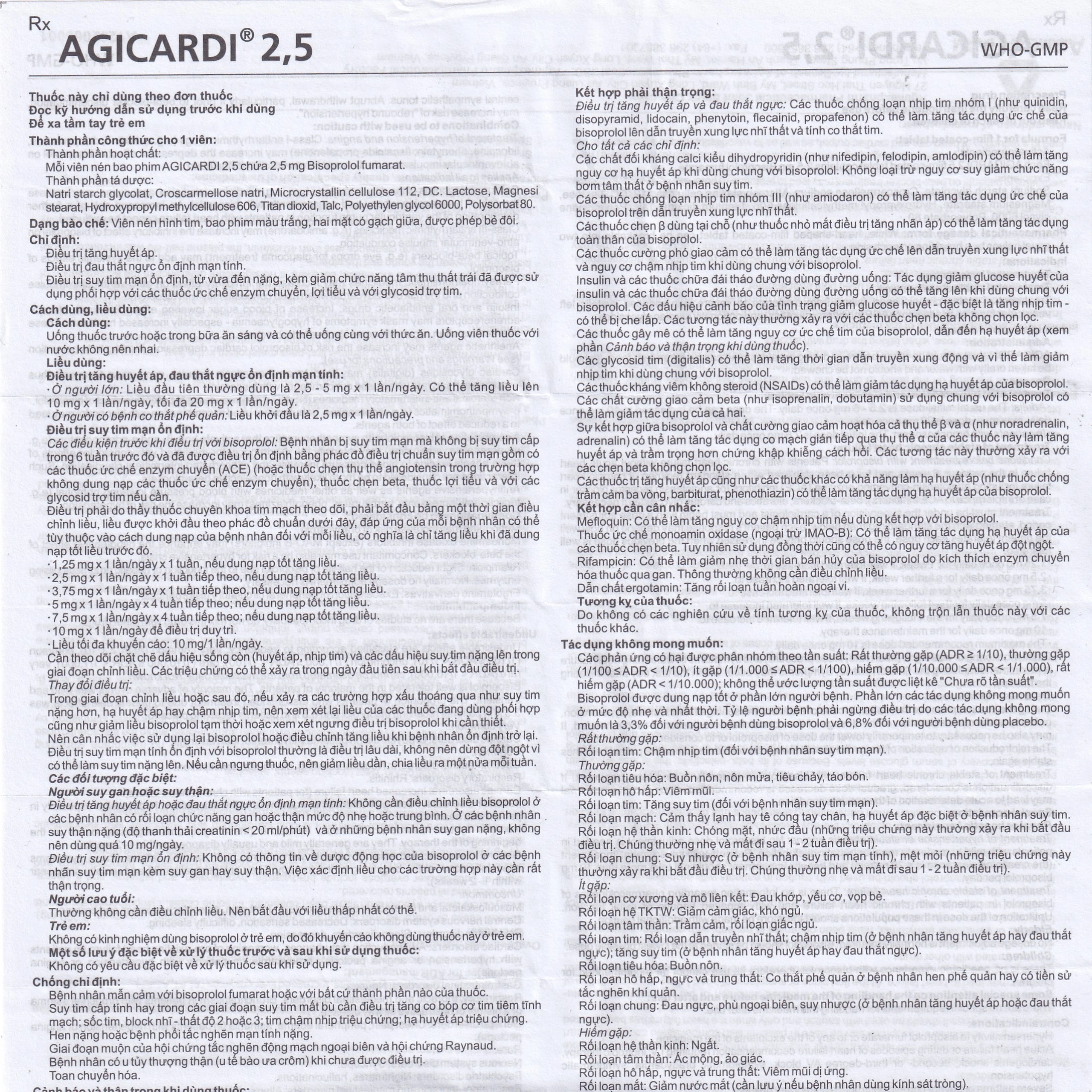 Thuốc Agicardi 2,5 Agimexpharm điều trị tăng huyết áp, đau thắt ngực ổn định mạn tính (3 vỉ x 10 viên)