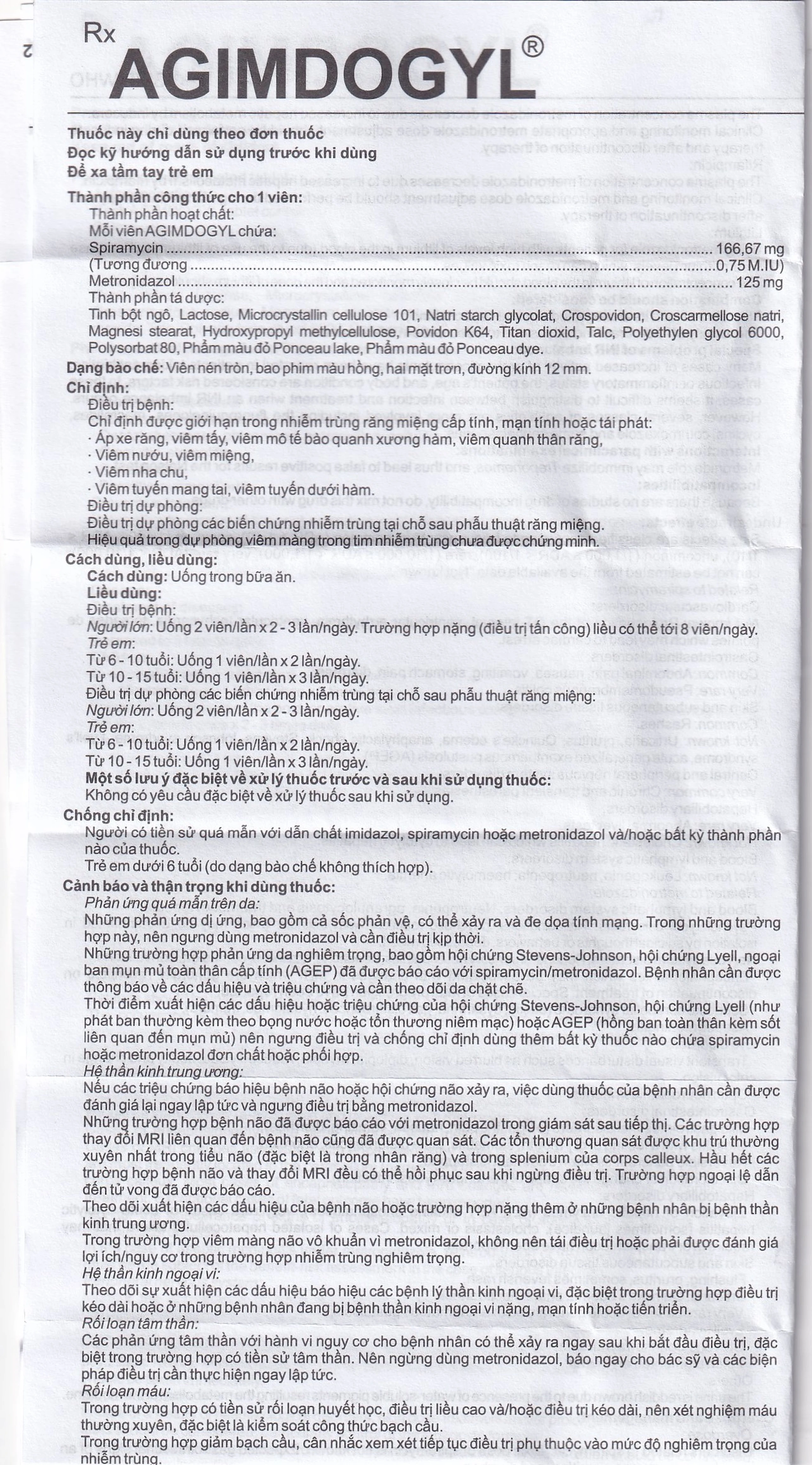 Thuốc Agimdogyl 125mg/750000IU Agimexpharm điều trị nhiễm trùng răng miệng cấp tính, mạn tính (2 vỉ x 10 viên)