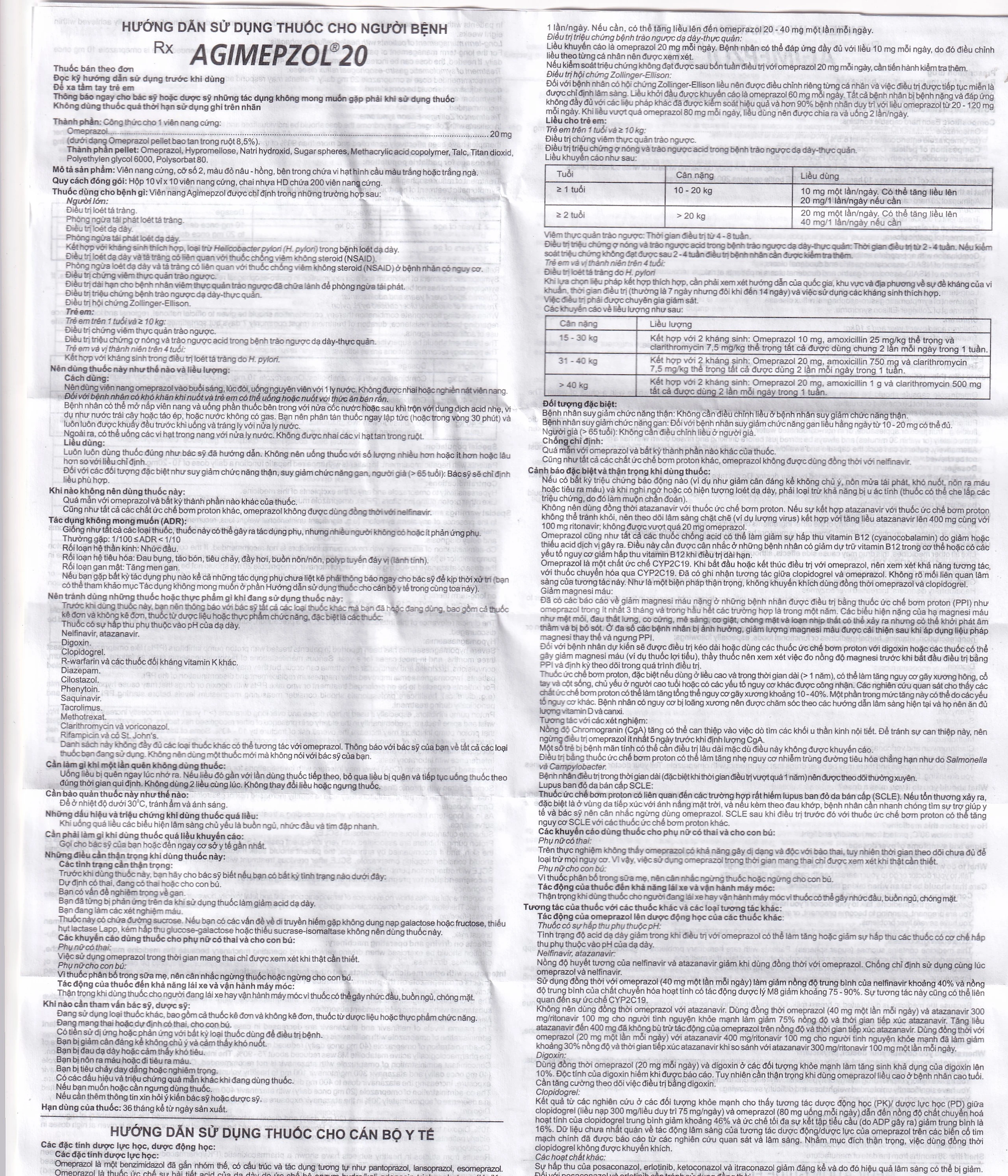 Thuốc Agimepzol 20 Agimexpharm điều trị loét tá tràng, phòng ngừa tái phát loét tá tràng (10 vỉ x 10 viên)