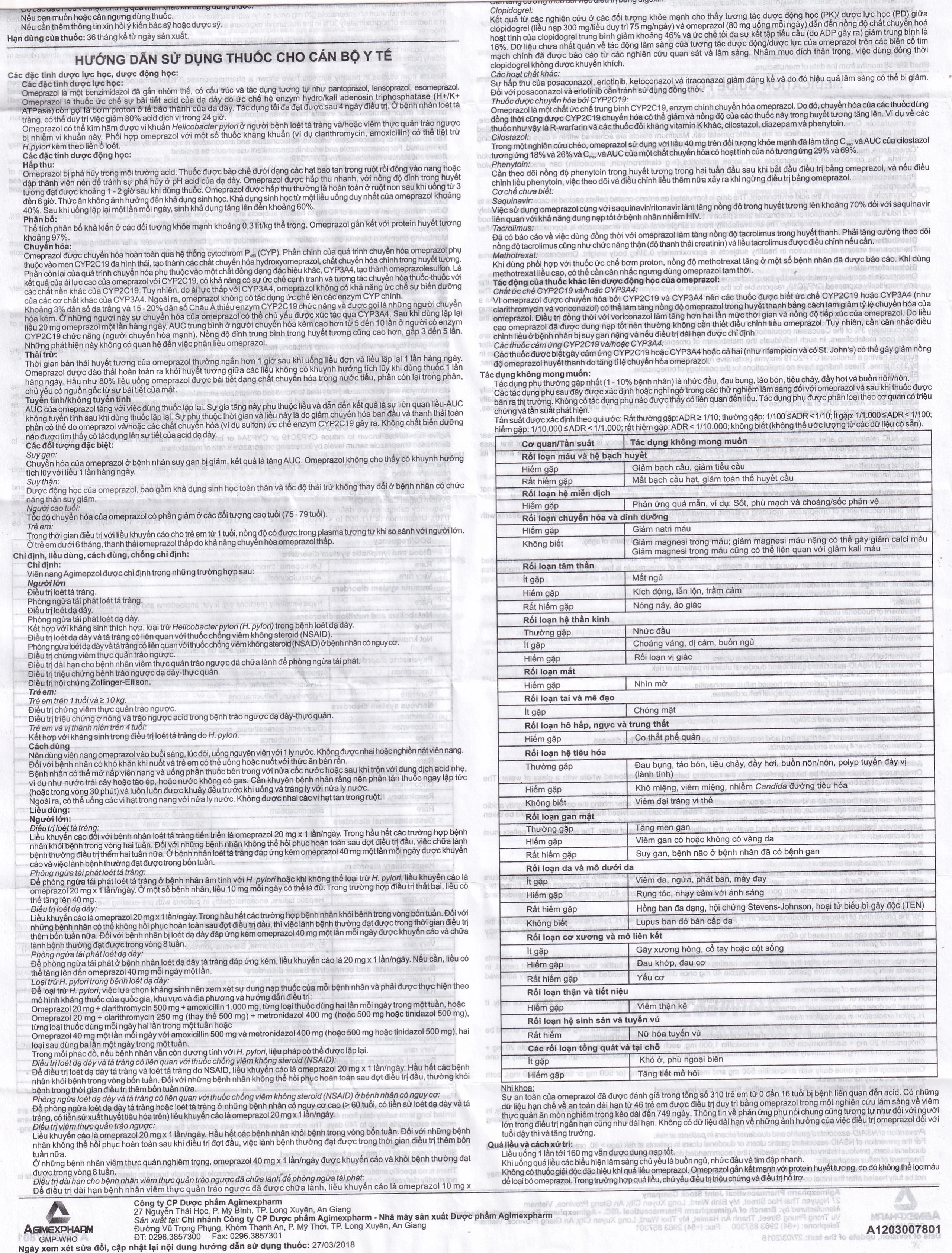 Thuốc Agimepzol 20 Agimexpharm điều trị loét tá tràng, phòng ngừa tái phát loét tá tràng (10 vỉ x 10 viên)