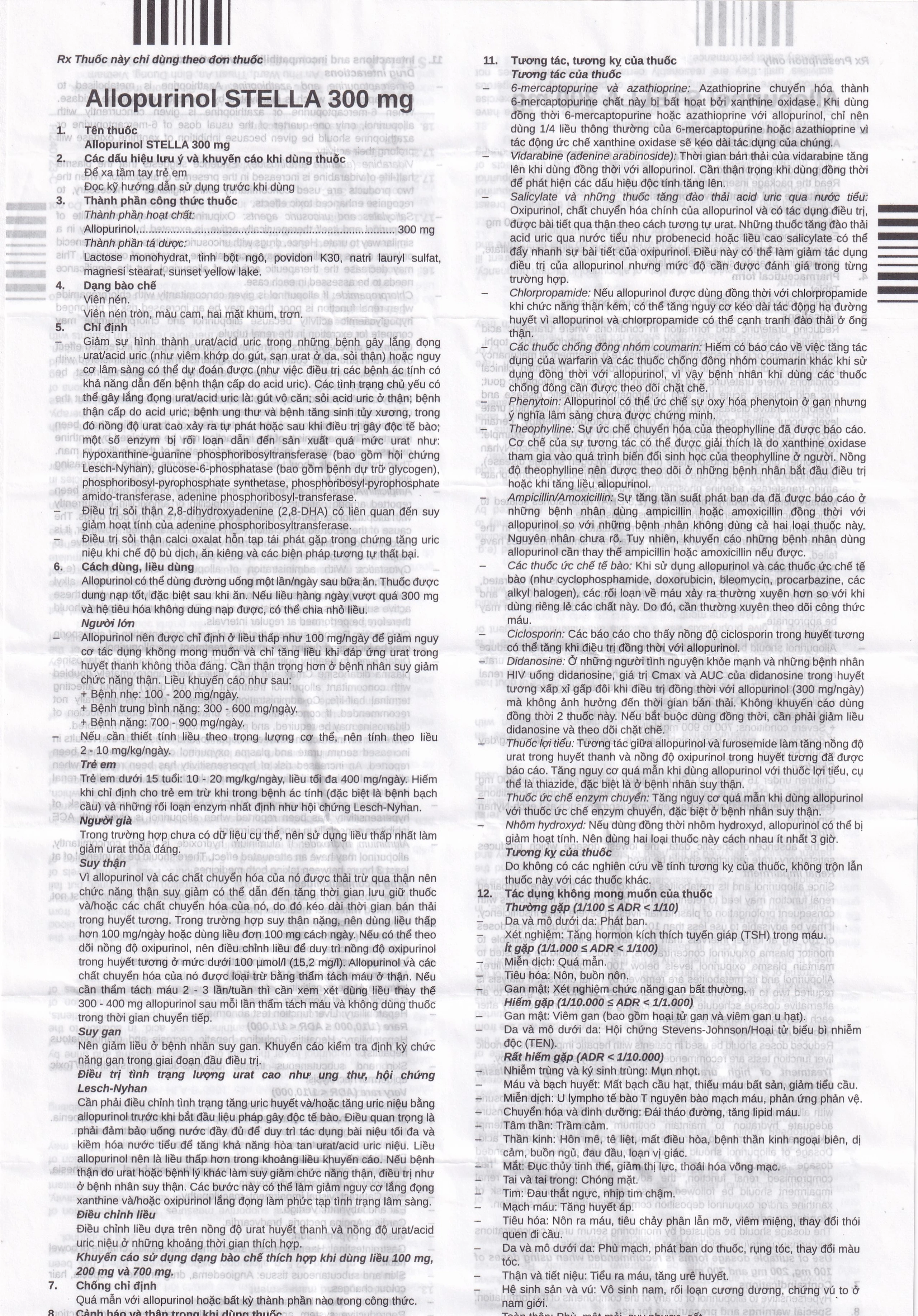 Thuốc Allopurinol 300mg Stella Pharm giảm sự hình thành acid uric, điều trị bệnh gout (10 vỉ x 10 viên)