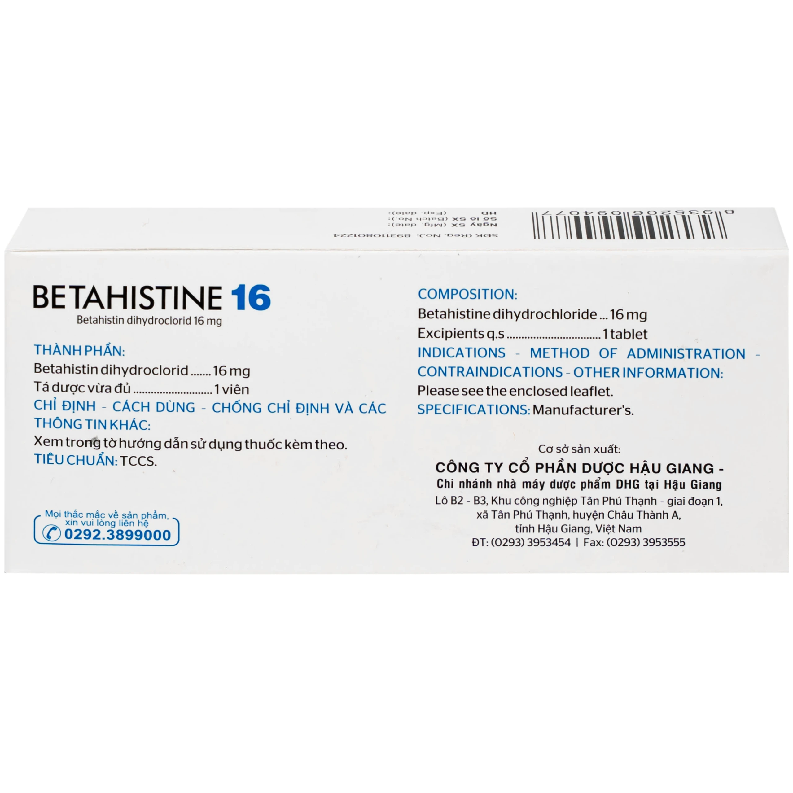 Thuốc Betahistine 16mg Dhg Pharma Chỉ định dùng để trị chóng mặt (3 vỉ x 10 viên)