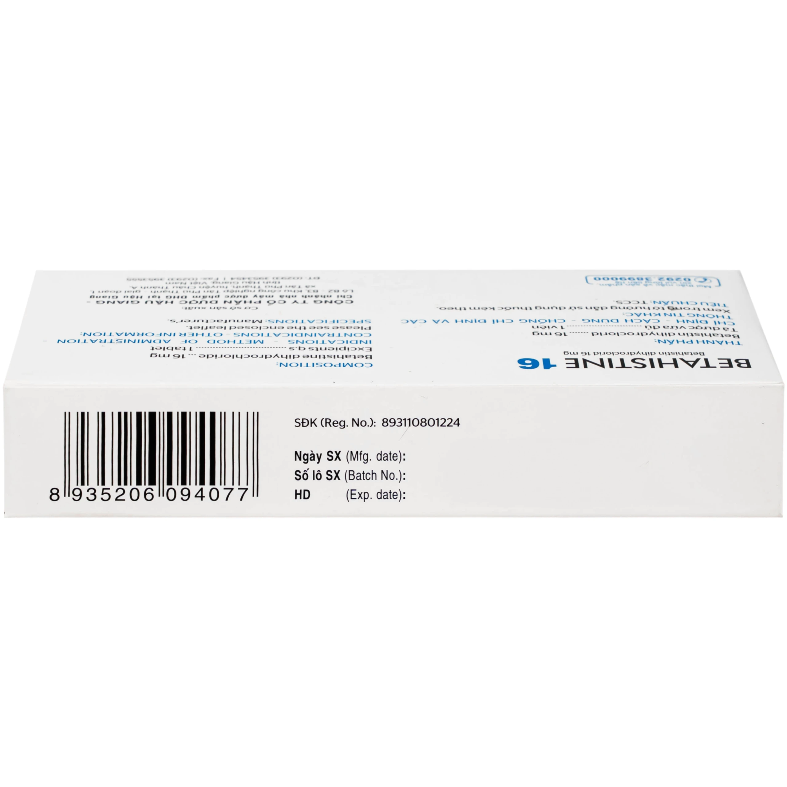 Thuốc Betahistine 16mg Dhg Pharma Chỉ định dùng để trị chóng mặt (3 vỉ x 10 viên)