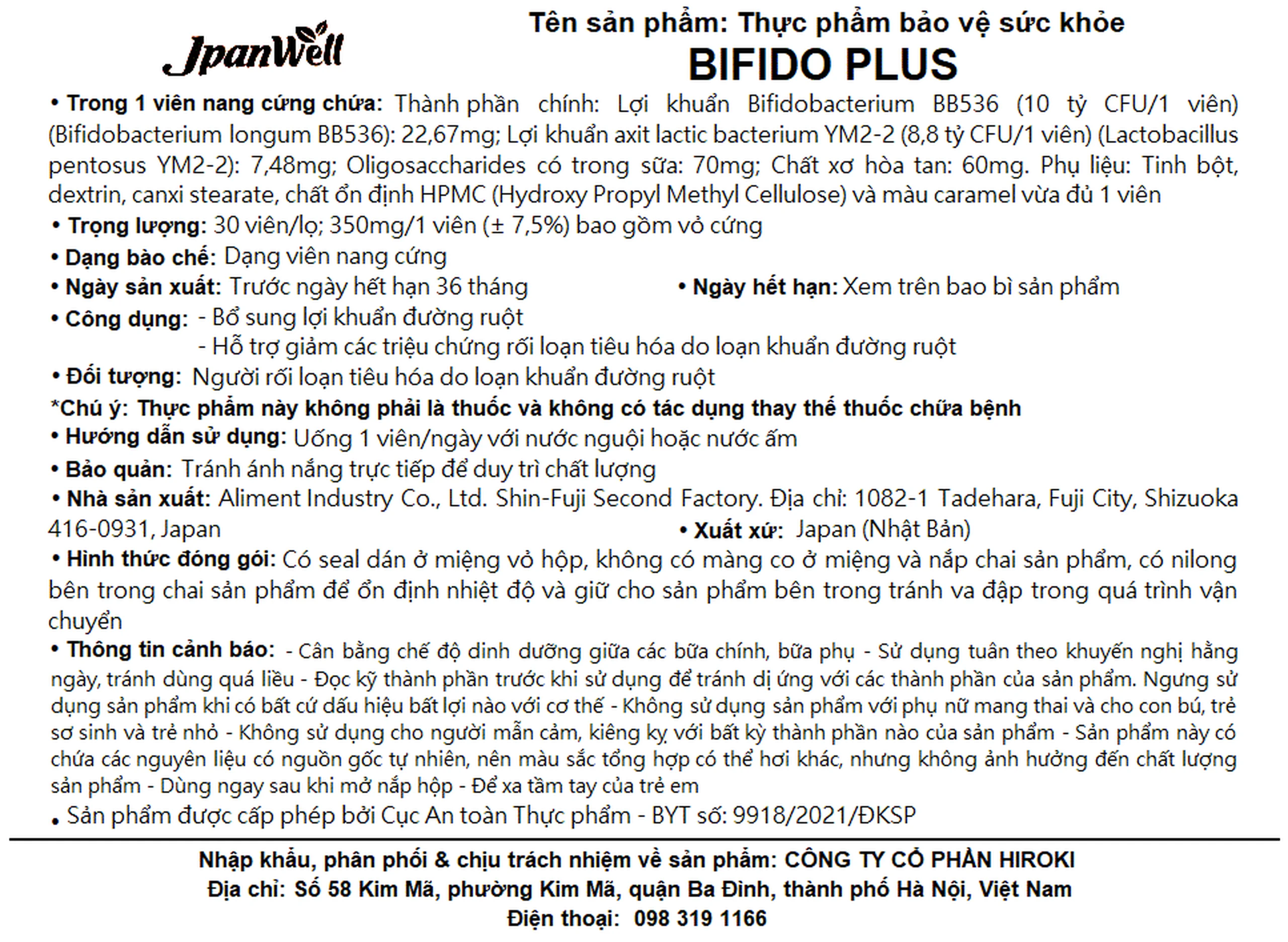 Viên uống bổ sung lợi khuẩn đường ruột giảm rối loạn tiêu hóa do loạn khuẩn Bifido Plus Jpanwell (30 viên)