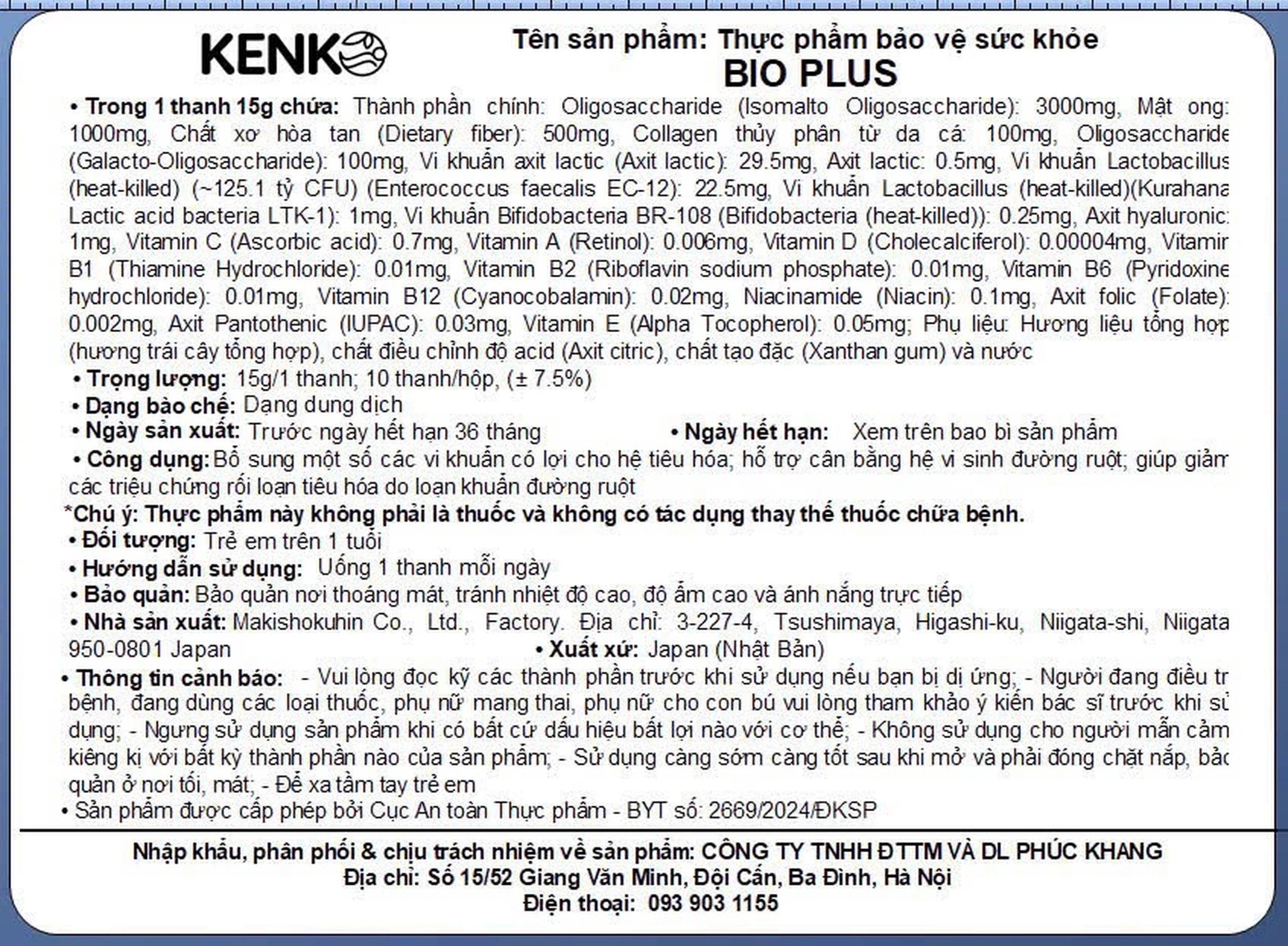 Siro bổ sung lợi khuẩn cho hệ tiêu hóa, giảm rối loạn tiêu hóa, cân bằng đường ruột Bio Plus Kenko (10 gói x 15g)