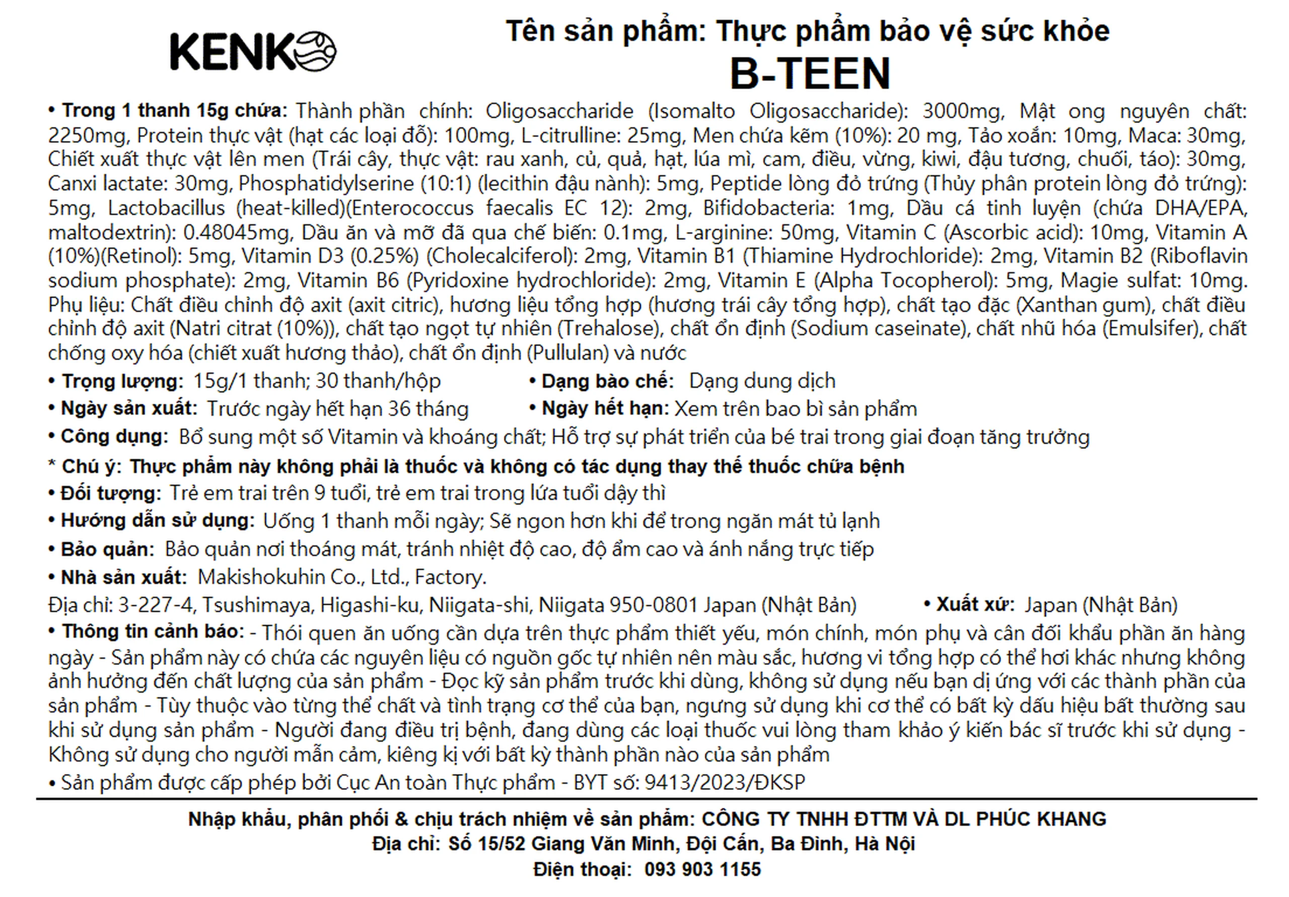 Siro bổ sung vitamin và khoáng chất cho bé trai trong giai đoạn tăng trưởng B-TEEN Kenko (30 gói x 15g)