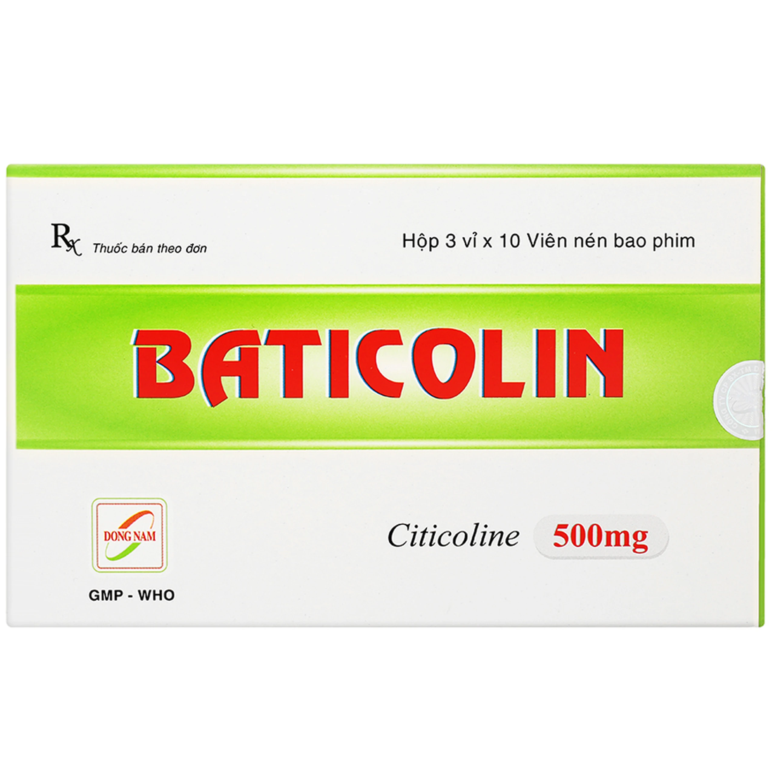Thuốc Baticolin 500mg Dược Đông Nam trị bệnh mạch máu não, chấn thương sọ não (3 vỉ x 10 viên)