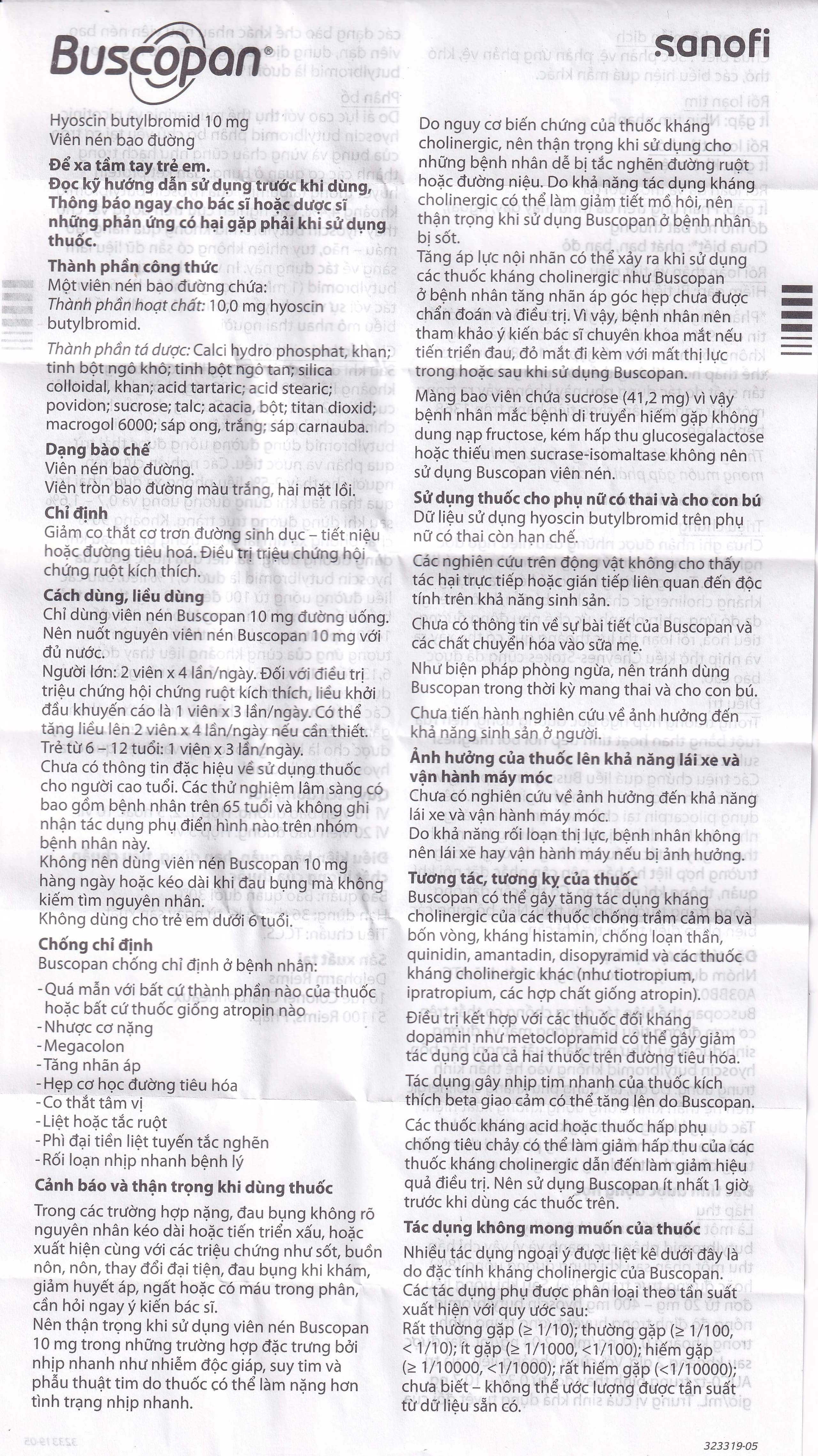 Thuốc Buscopan 10mg Sanofi giảm co thắt cơ trơn đường sinh dục – tiết niệu (5 vỉ x 20 viên)