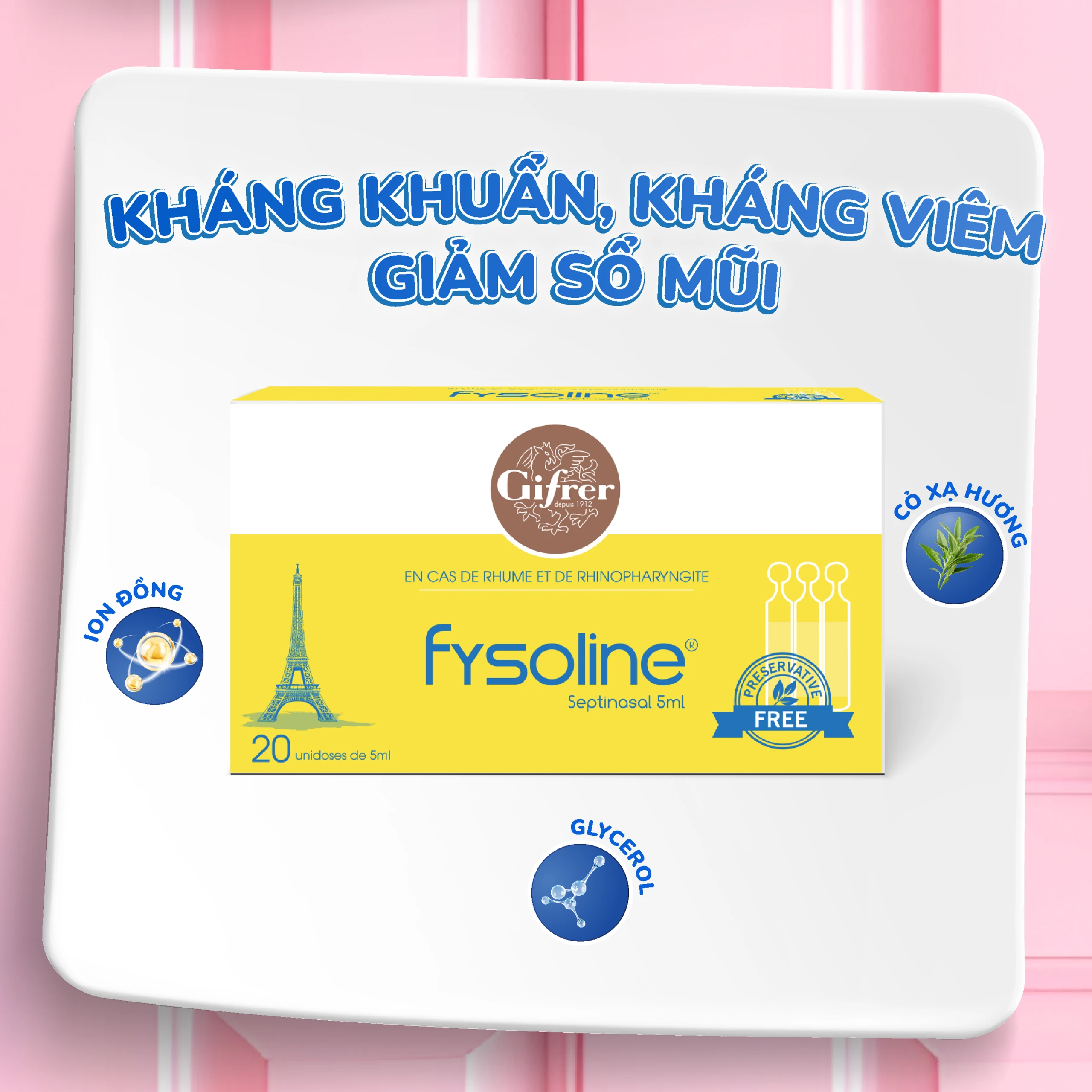 Nước muối sinh lý Fysoline Septinasal (20 ống x 5ml) giúp giảm sổ mũi, viêm mũi, nghẹt mũi, dùng được cho trẻ sơ sinh