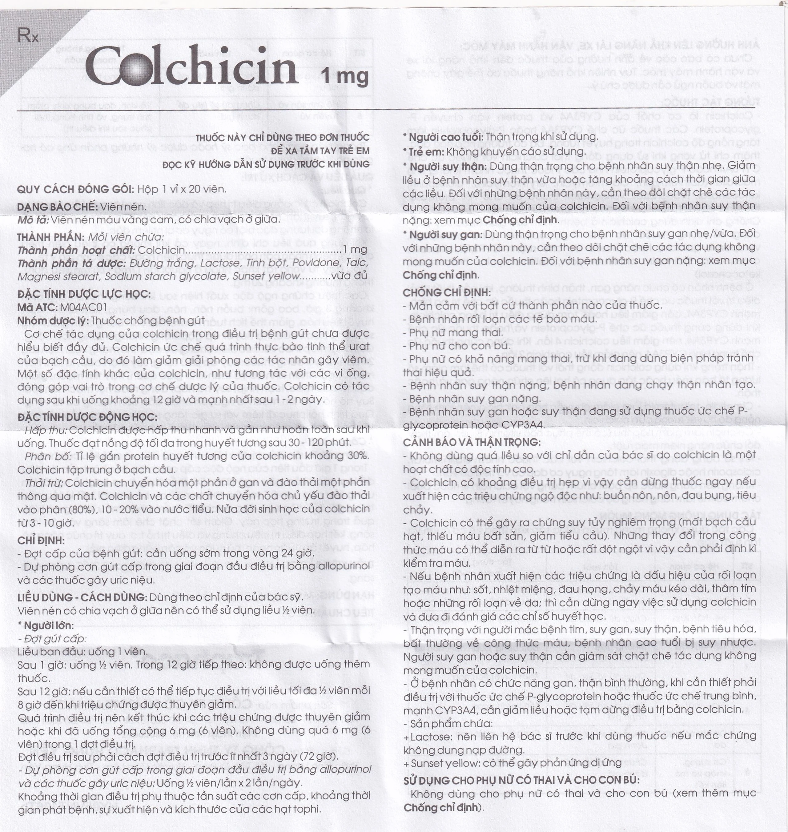 Thuốc Colchicin 1mg Traphaco phòng tái phát viêm khớp do gút và điều trị dài ngày bệnh gút (1 vỉ x 20 viên)