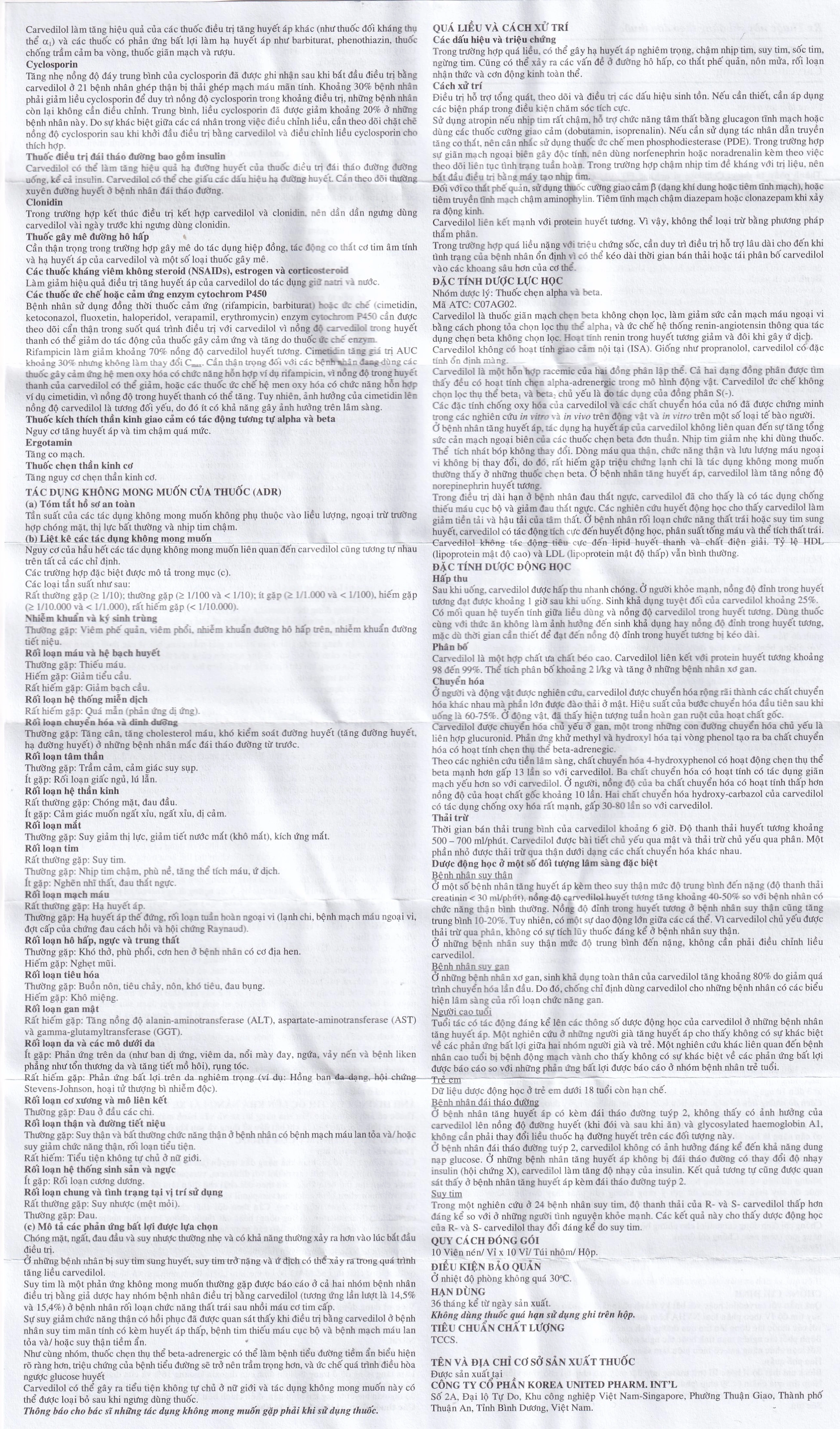 Thuốc Carvedol 6.25 United điều trị tăng huyết áp, bệnh mạch vành (10 vỉ x 10 viên)
