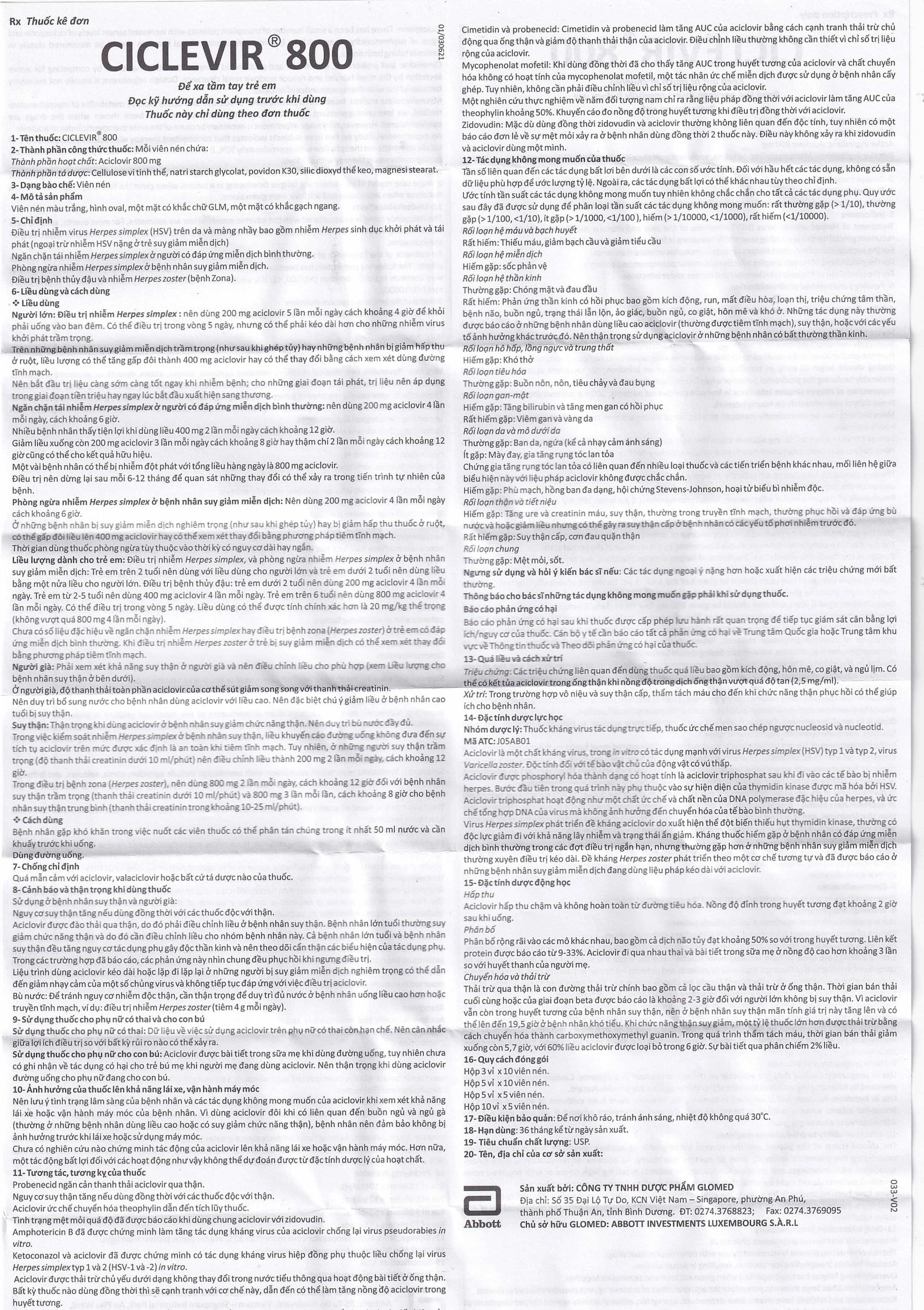 Thuốc Ciclevir 800 Abbott điều trị nhiễm virus Herpes simplex tuýp 1 và 2 (10 vỉ x 5 viên)