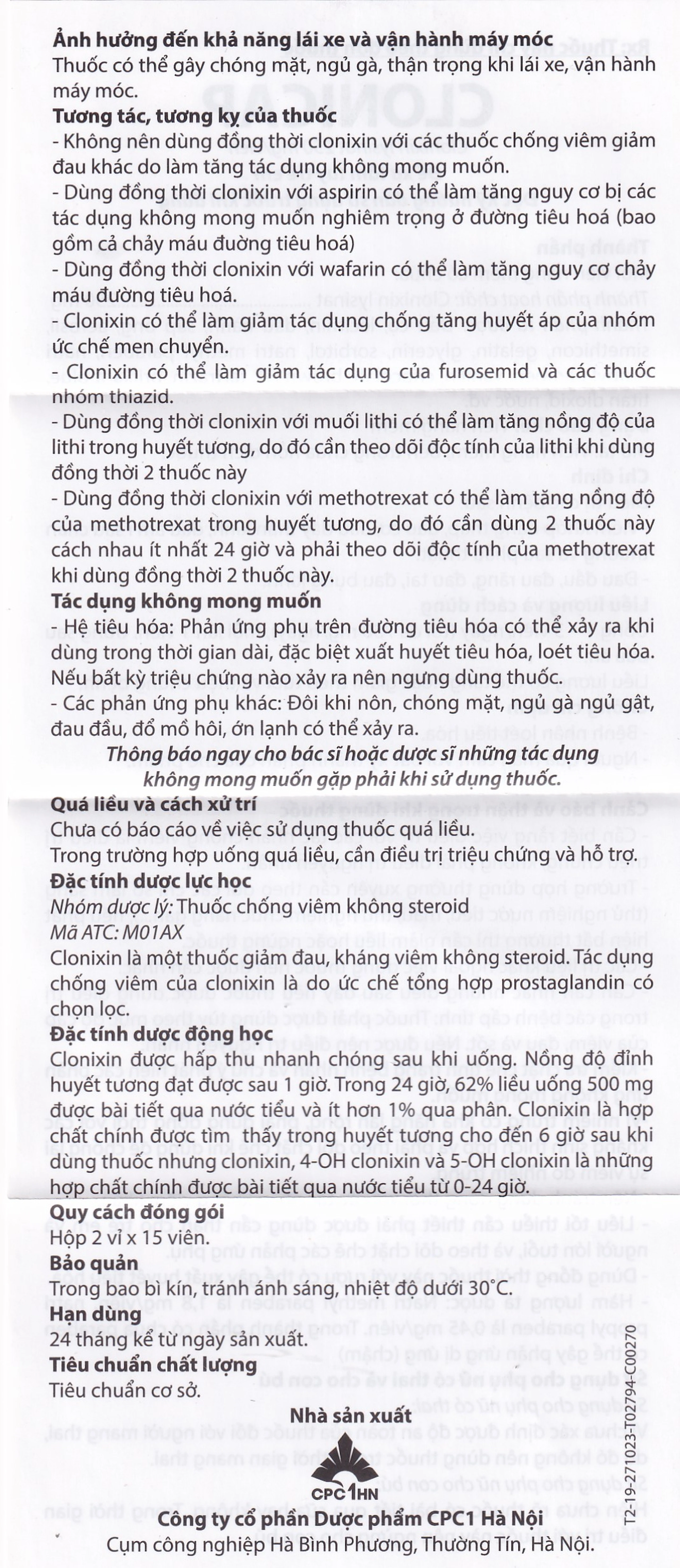 Thuốc Clonicap 250mg CPC1HN điều trị viêm khớp dạng thấp, đau cơ (2 vỉ x 15 viên)