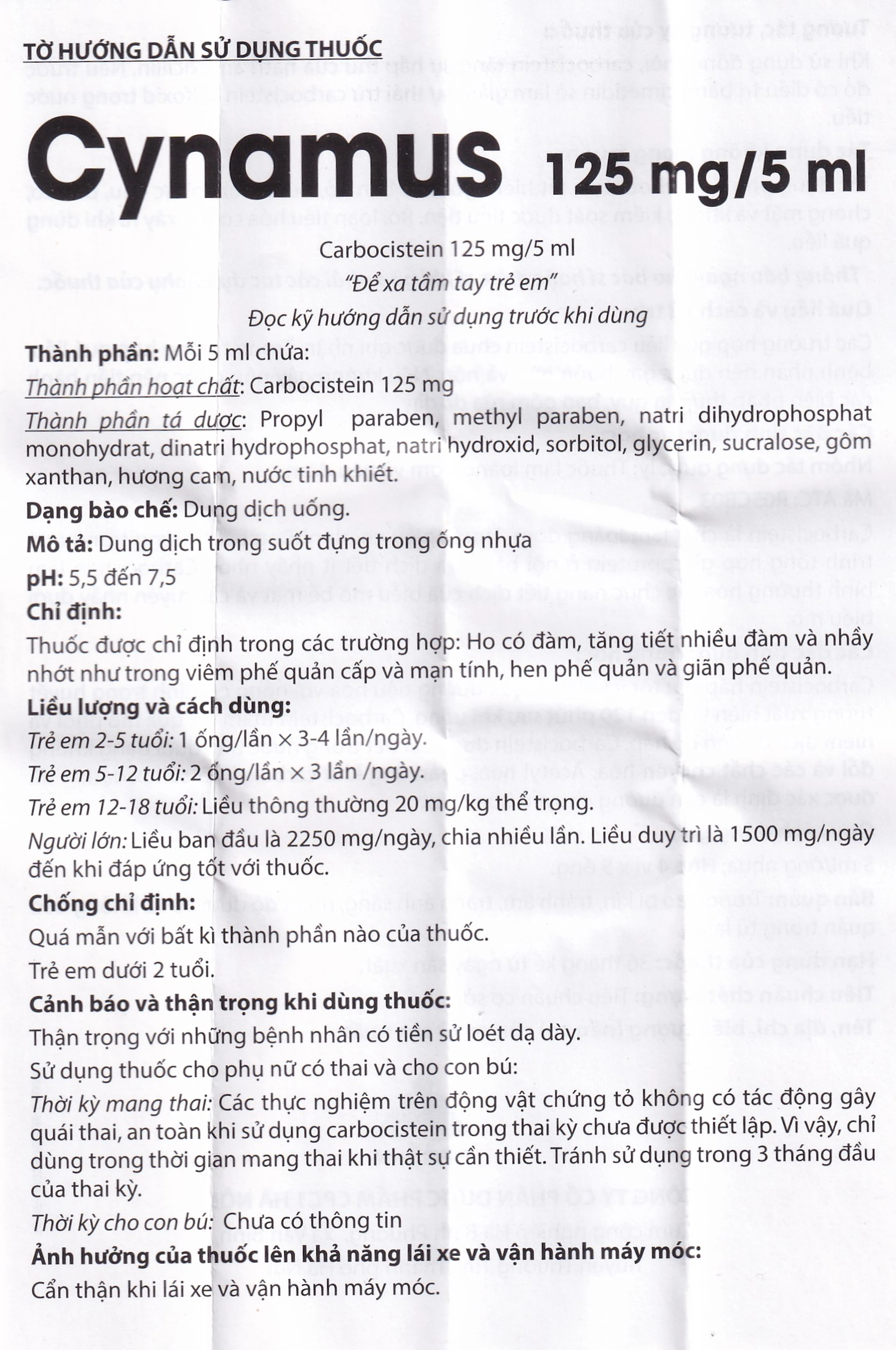 Dung dịch uống Cynamus 125mg/5ml CPC1HN dùng khi ho có đàm, tăng tiết nhiều đàm (4 vỉ x 5 ống)