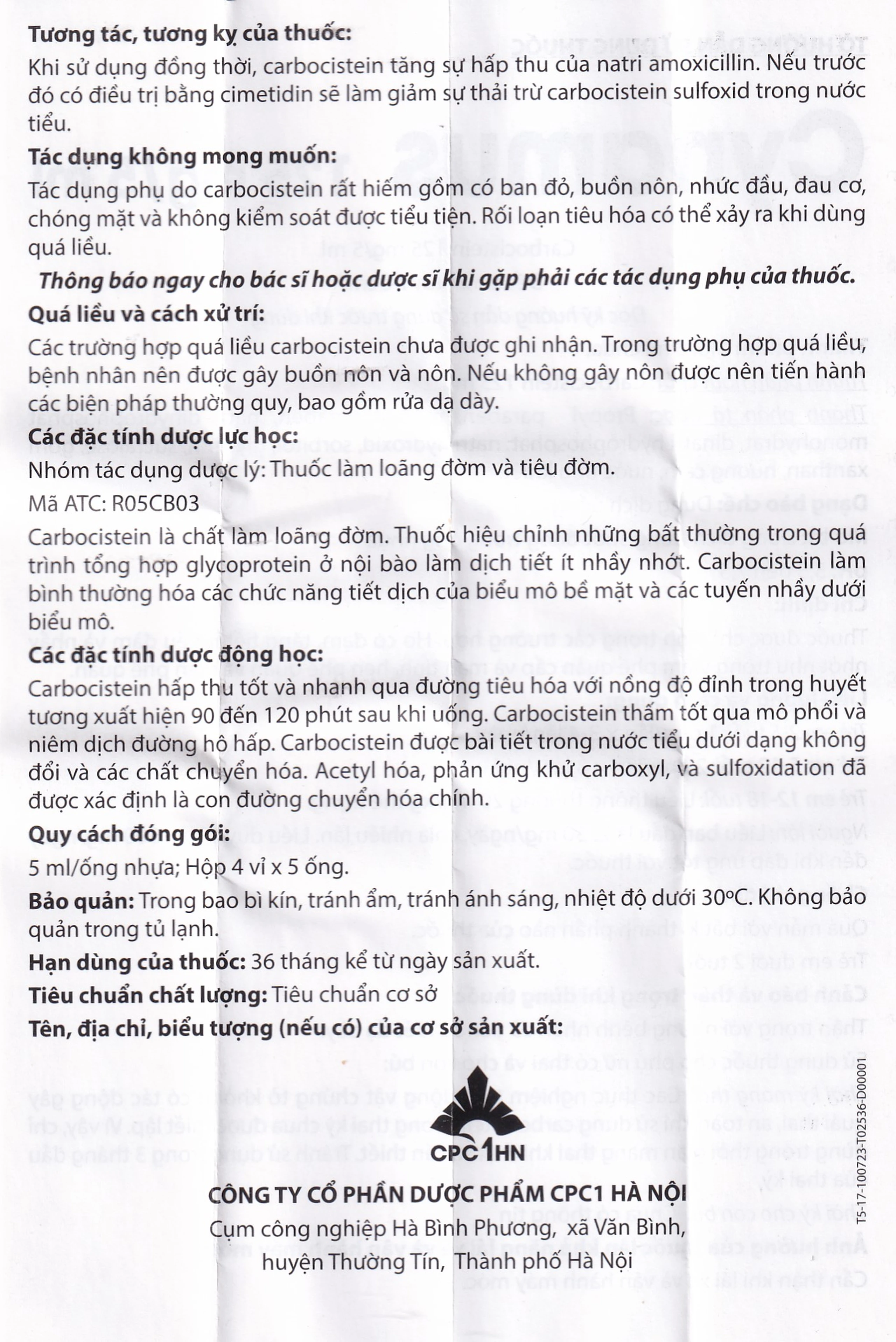 Dung dịch uống Cynamus 125mg/5ml CPC1HN dùng khi ho có đàm, tăng tiết nhiều đàm (4 vỉ x 5 ống)