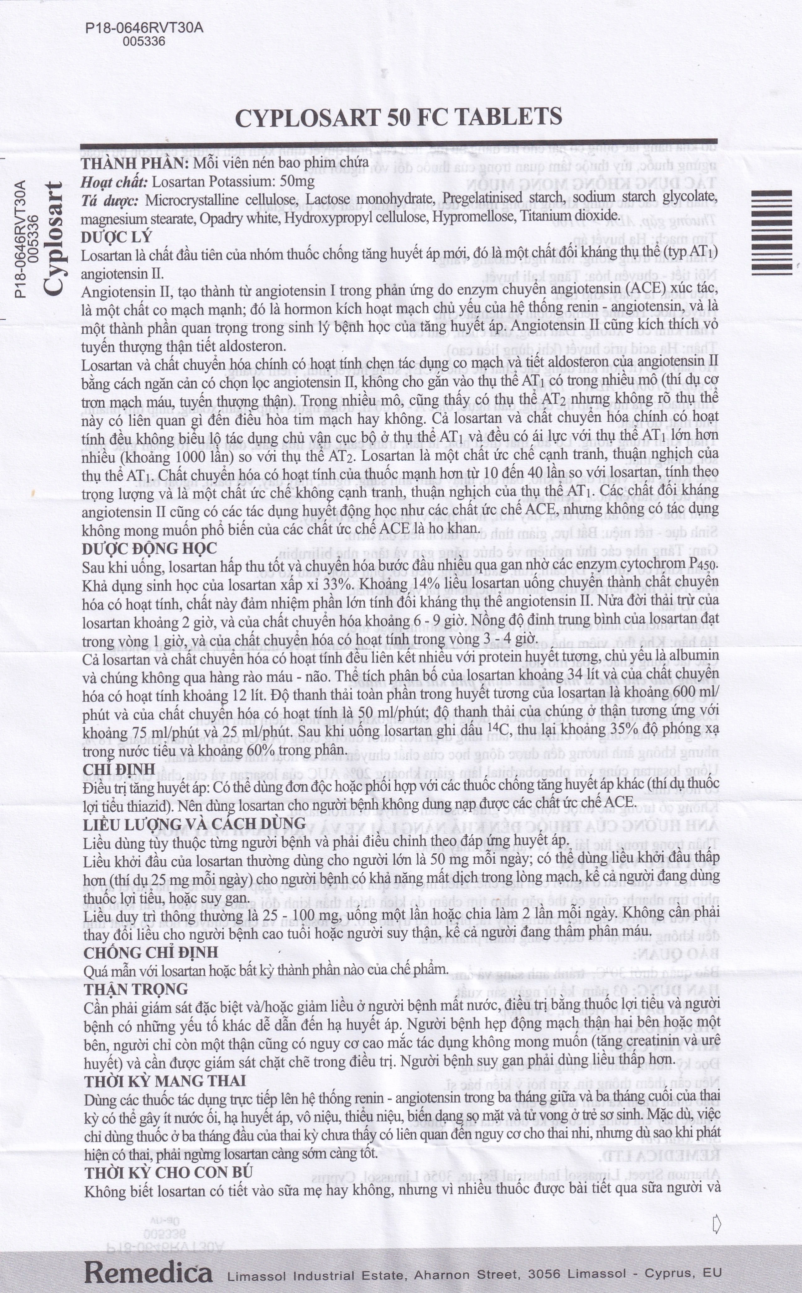 Thuốc Cyplosart 50 Remedica điều trị tăng huyết áp (3 vỉ x 10 viên)