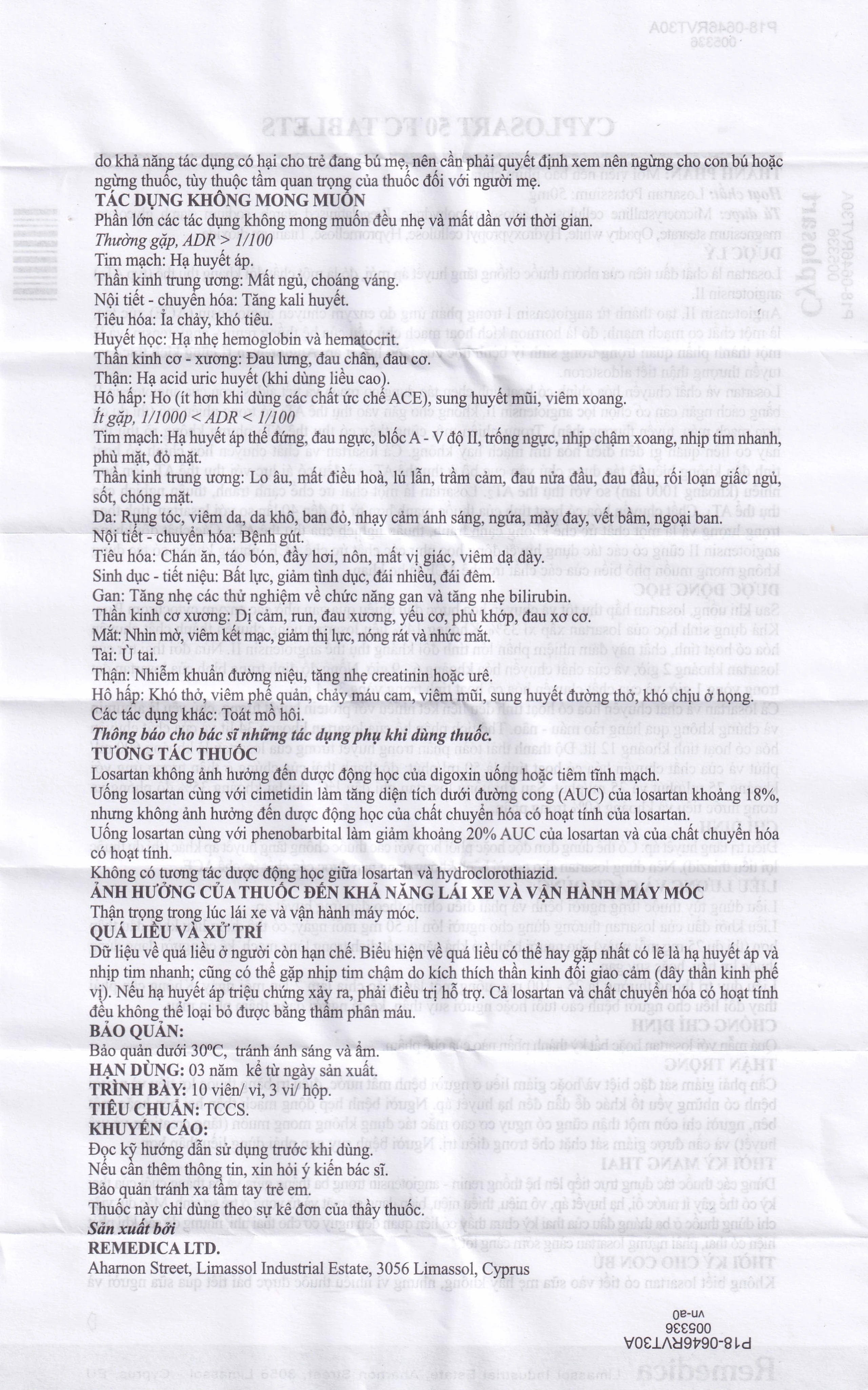 Thuốc Cyplosart 50 Remedica điều trị tăng huyết áp (3 vỉ x 10 viên)