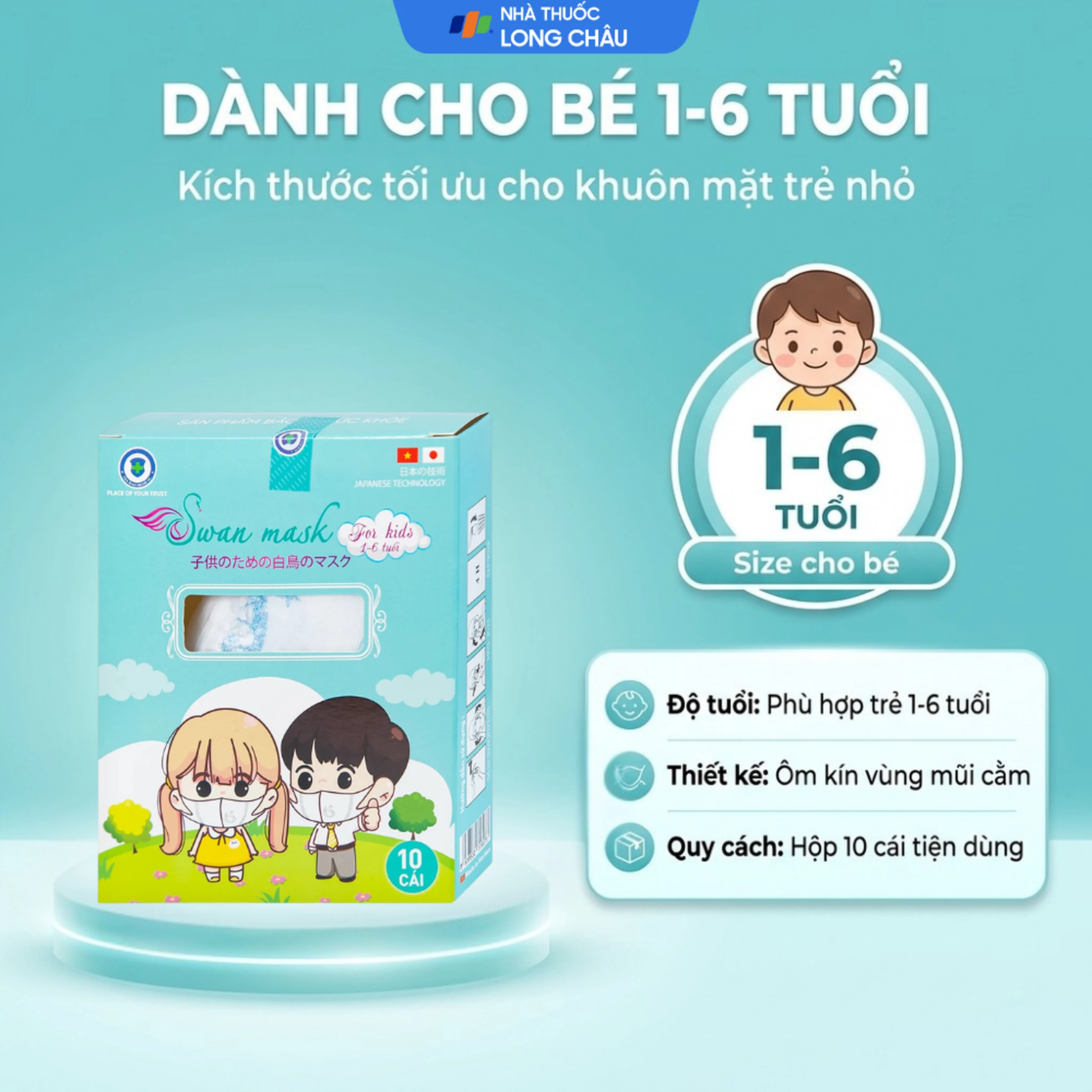Khẩu trang trẻ em 3 lớp 3D Swan Mask quai vải (10 cái) ngăn khói bụi, vi khuẩn và giọt bắn 4