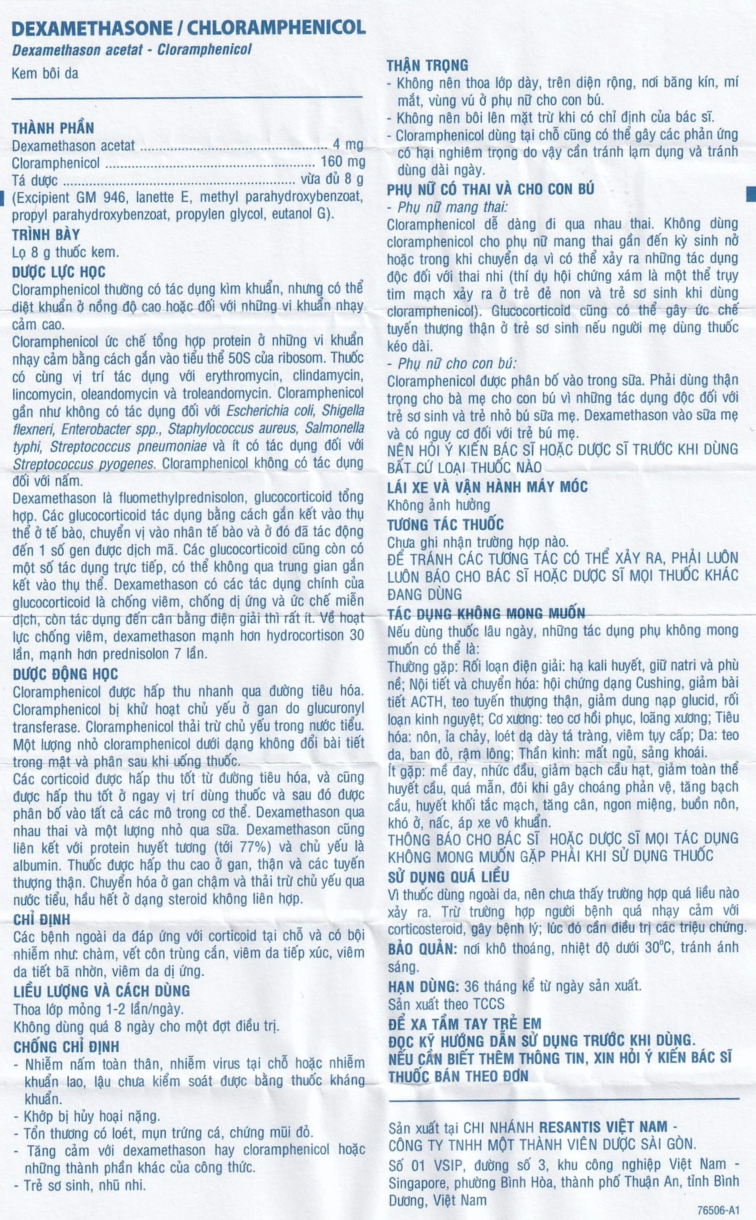 Kem bôi da Dexamethasone/Chloramphenicol điều trị chàm, vết côn trùng cắn, viêm da tiếp xúc (8g)