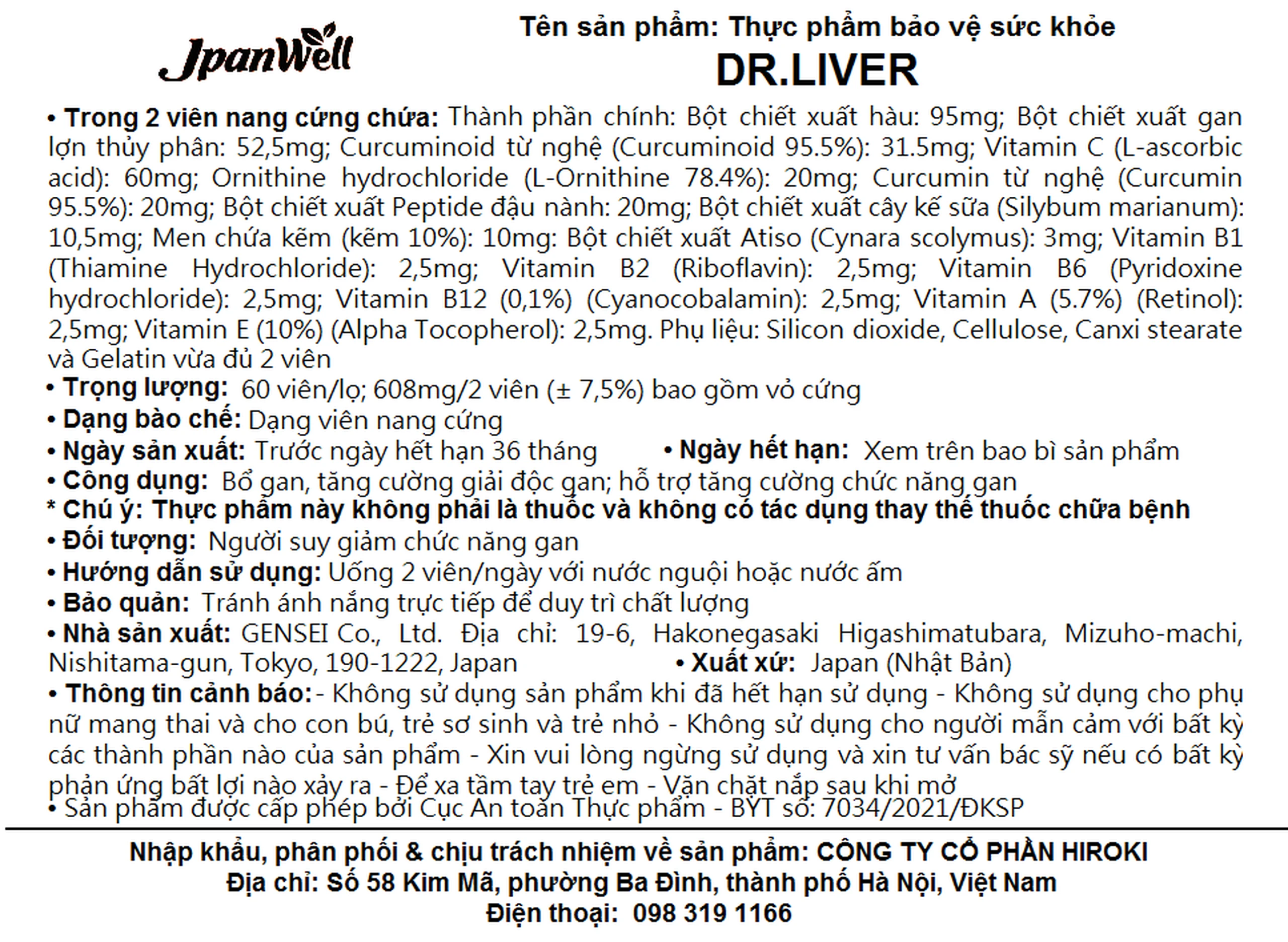 Viên uống bổ gan tăng cường giải độc gan Dr. Liver Jpanwell (60 viên)