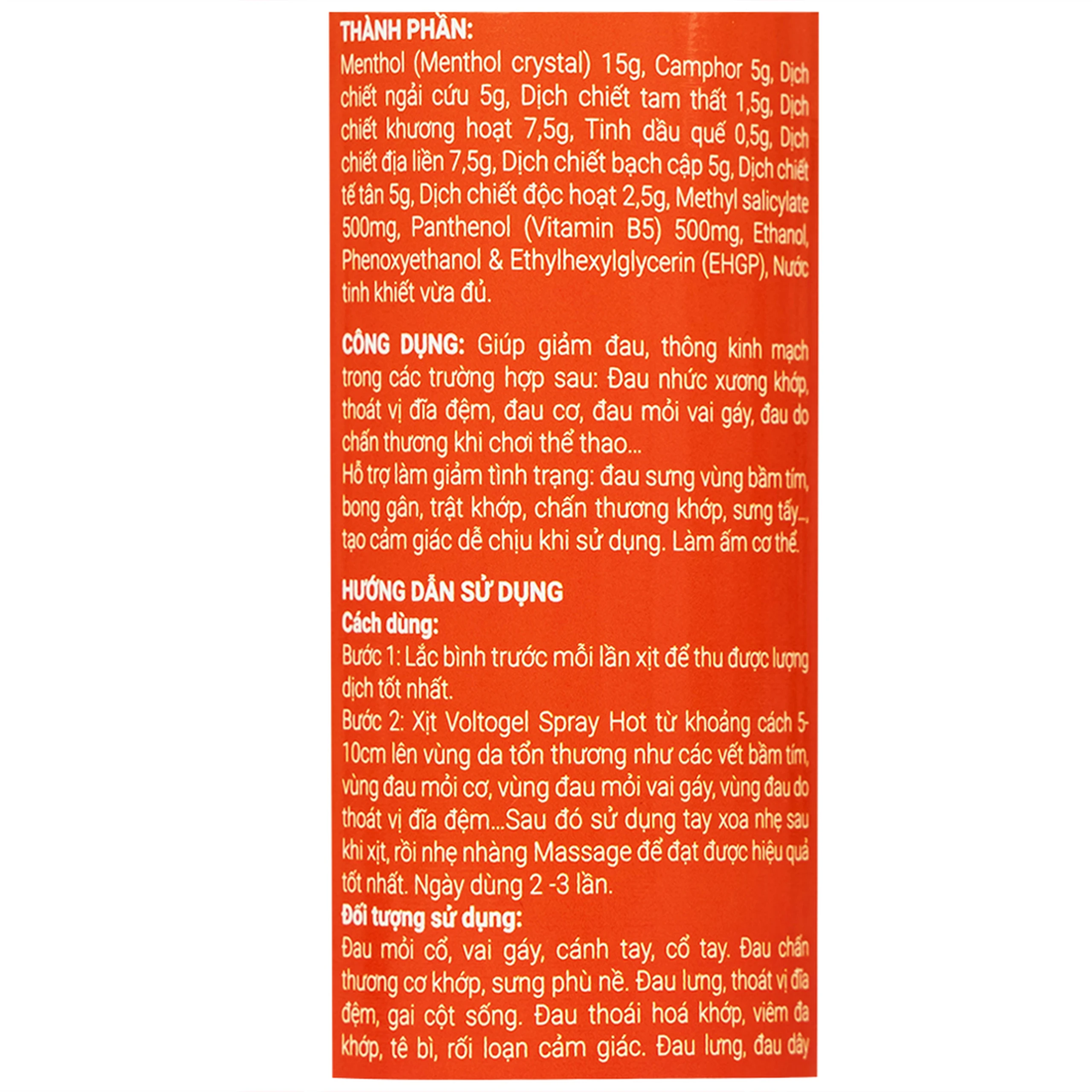 Chai xịt nóng Voltogel Hot Spray 120ml giúp giảm đau cơ, đau vai, bầm tím, bong gân
