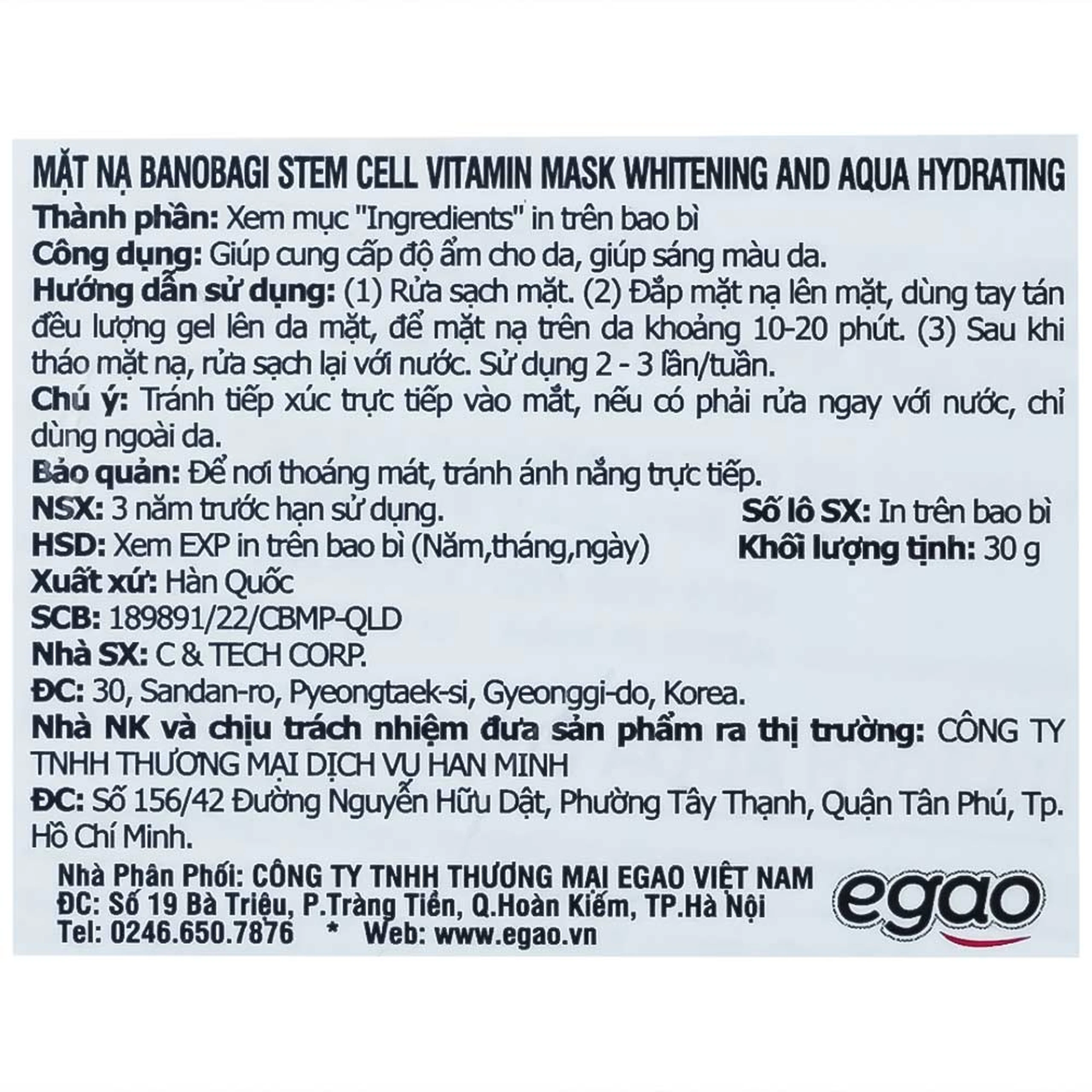 Mặt nạ dưỡng ẩm Banobagi Stem Cell Vitamin Mask Whitening & Aqua Hydrating 30g