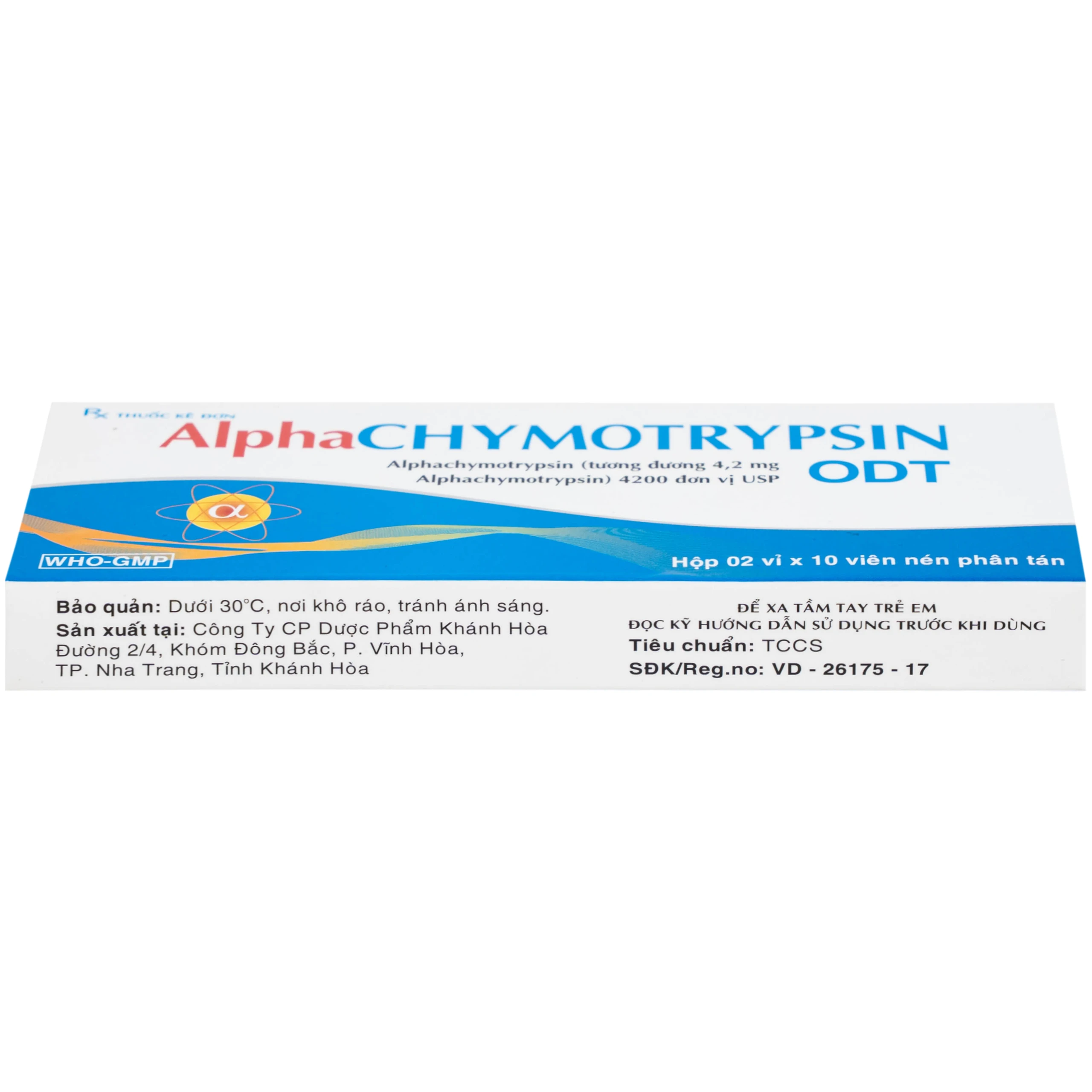 Thuốc Alphachymotrypsin ODT Khánh Hòa điều trị phù nề sau chấn thương, phẫu thuật, bỏng (2 vỉ x 10 viên)