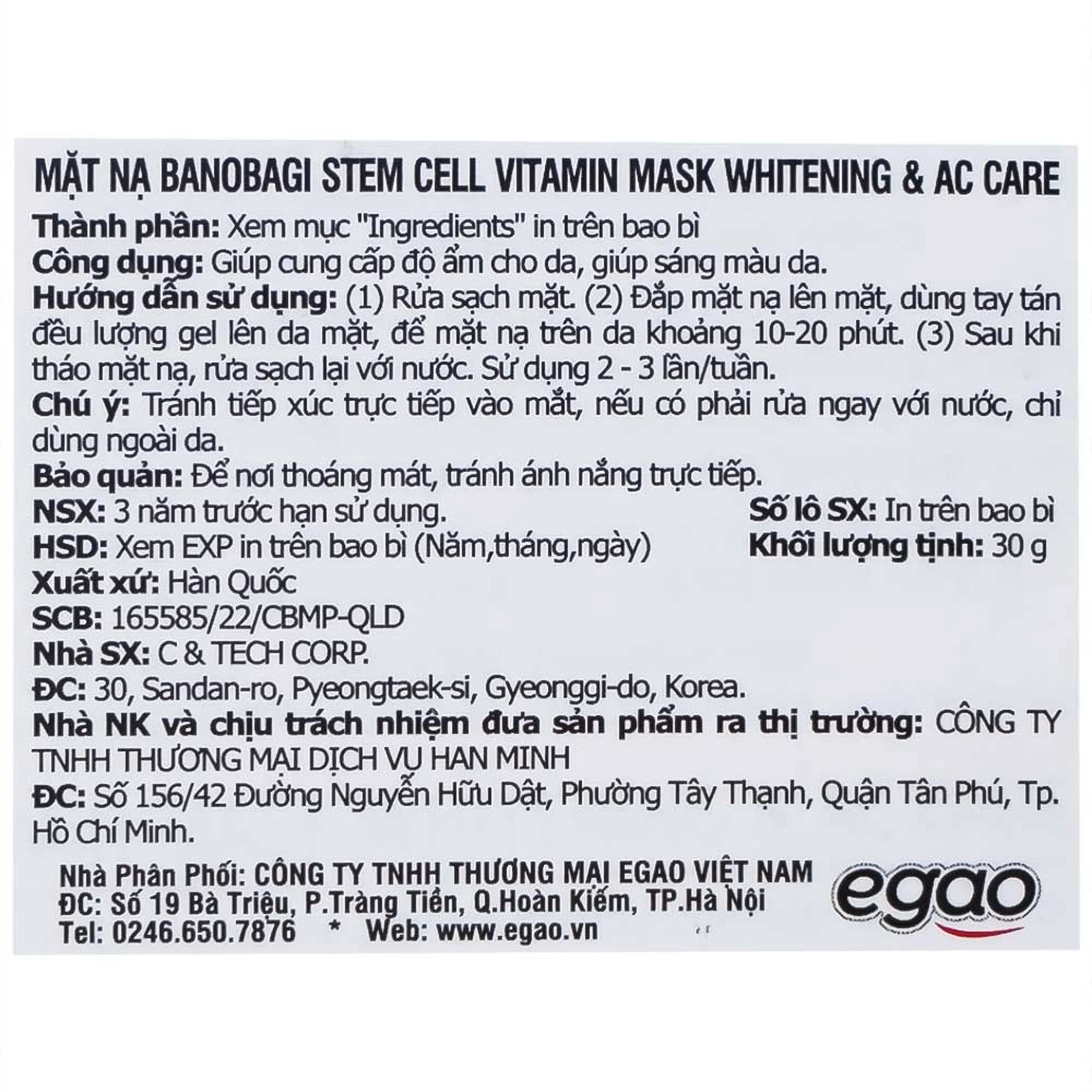 Mặt nạ cấp ẩm, dưỡng sáng da cho da mụn Banobagi Stem Cell Vitamin Mask Whitening và AC Care (30g)