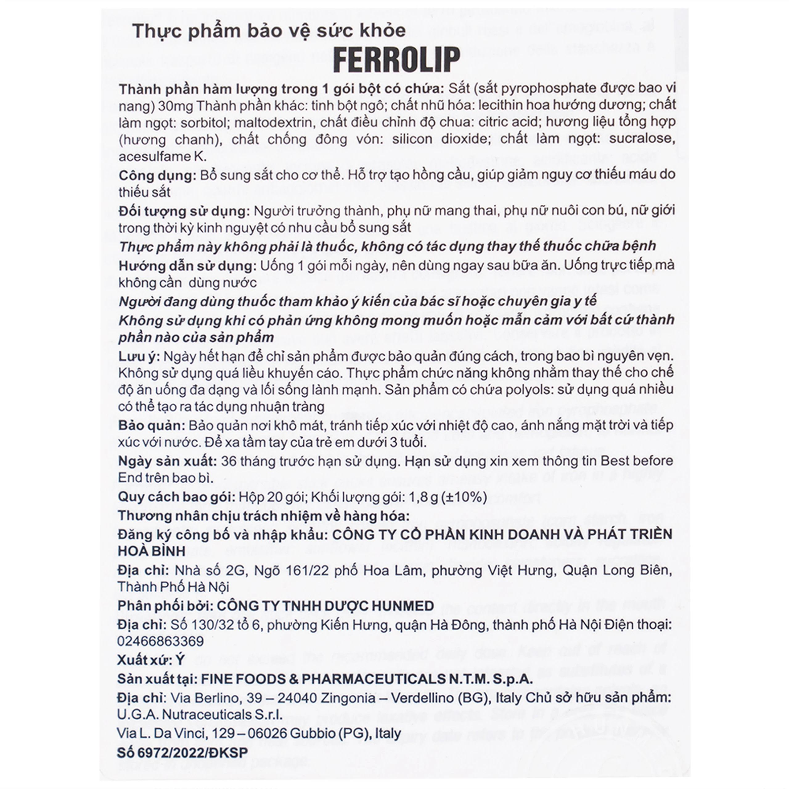 Hỗ trợ giúp giảm nguy cơ thiếu máu do thiếu sắt Ferrolip Uga (20 gói)