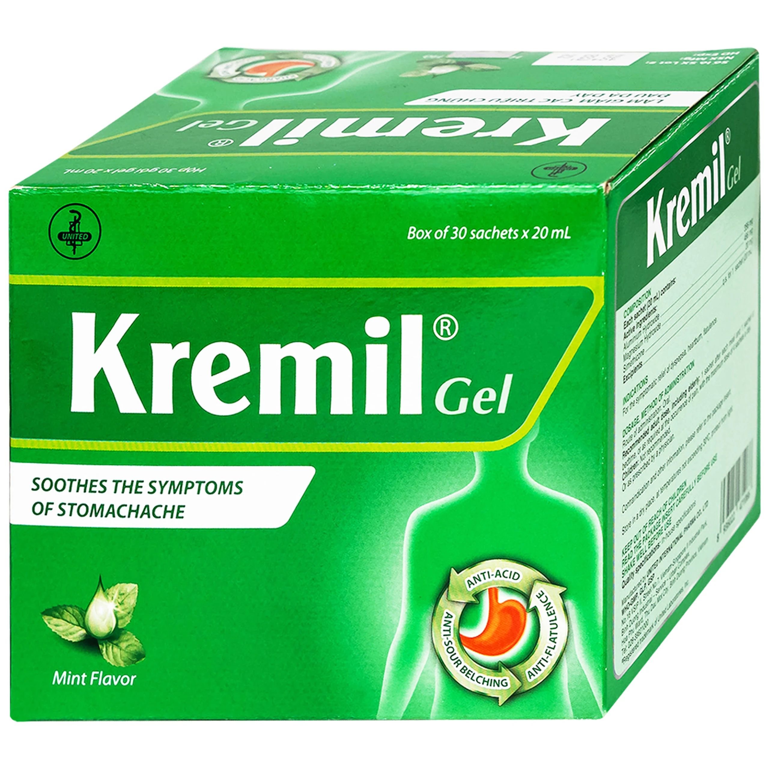 Dung dịch Kremil Gel United Pharma giảm loét dạ dày - tá tràng, viêm thực quản (30 gói x 20ml)