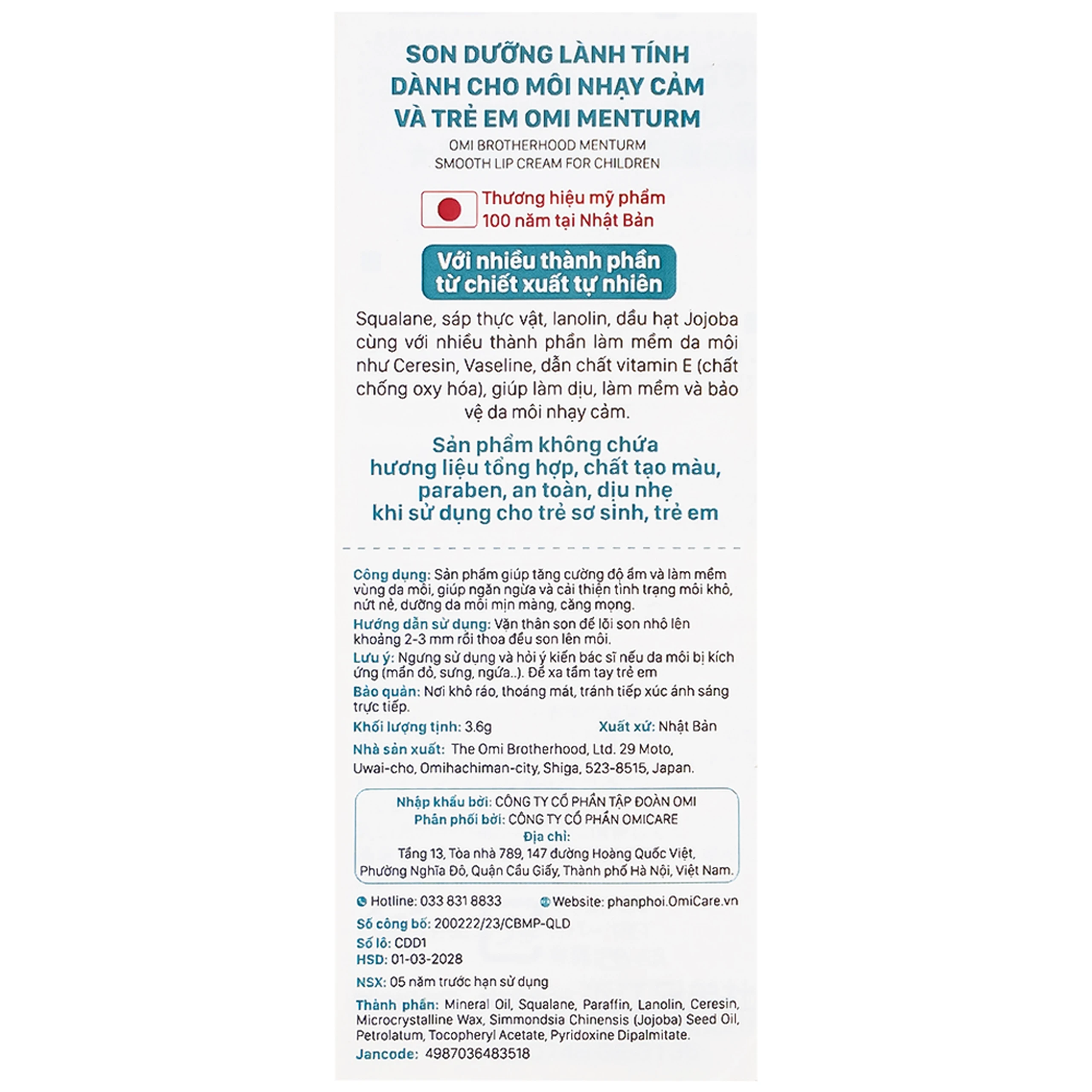 Son dưỡng Omi Menturm lành tính dành cho trẻ em và môi nhạy cảm (3.6g)