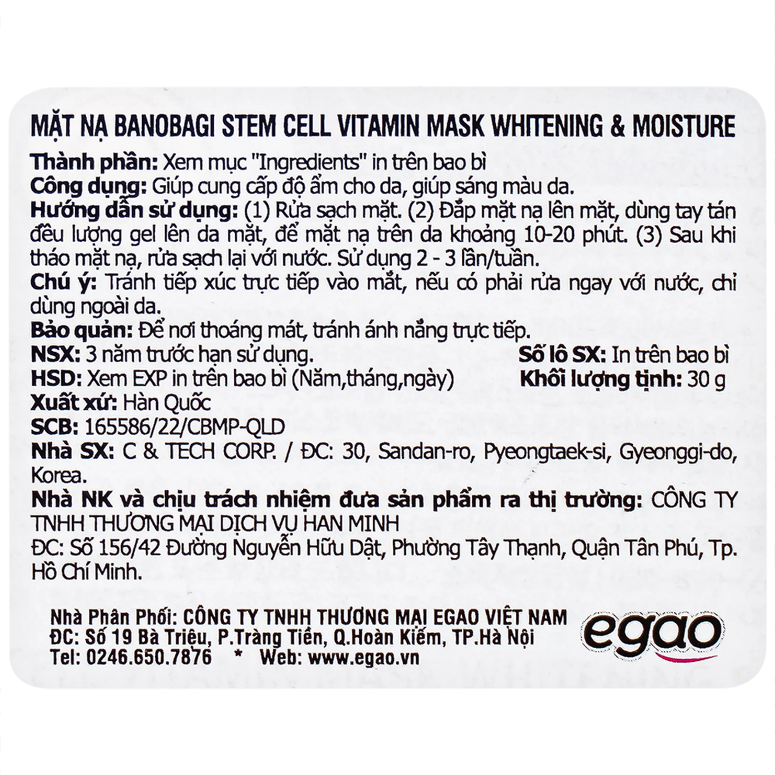 Mặt nạ dưỡng ẩm Banobagi Stem Cell Vitamin Mask Whitening  & Moisture 30g