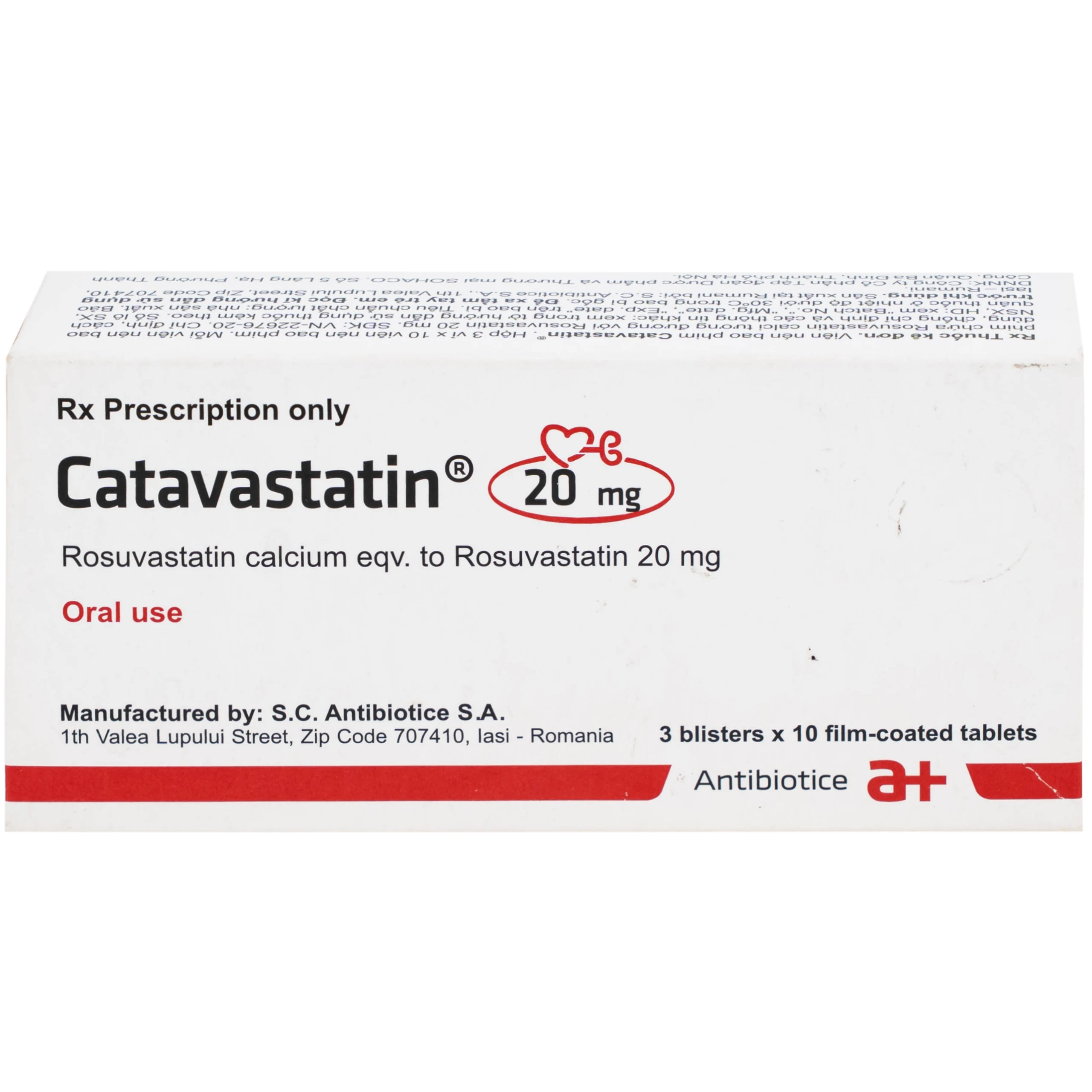 Thuốc Catavastatin 20mg Antibiotice điều trị tăng cholesterol máu và phòng ngừa biến cố tim mạch (3 vỉ x 10 viên)