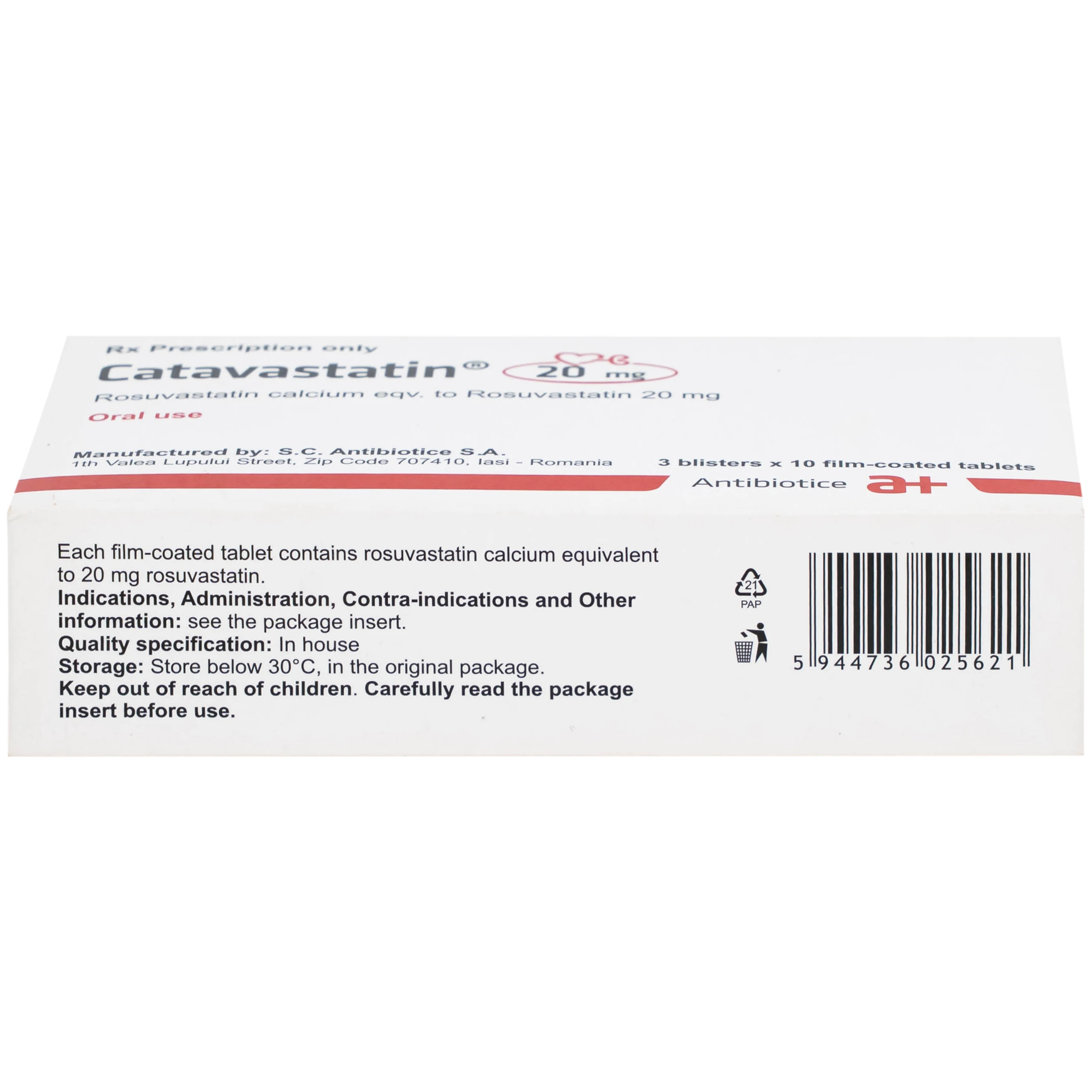 Thuốc Catavastatin 20mg Antibiotice điều trị tăng cholesterol máu và phòng ngừa biến cố tim mạch (3 vỉ x 10 viên)