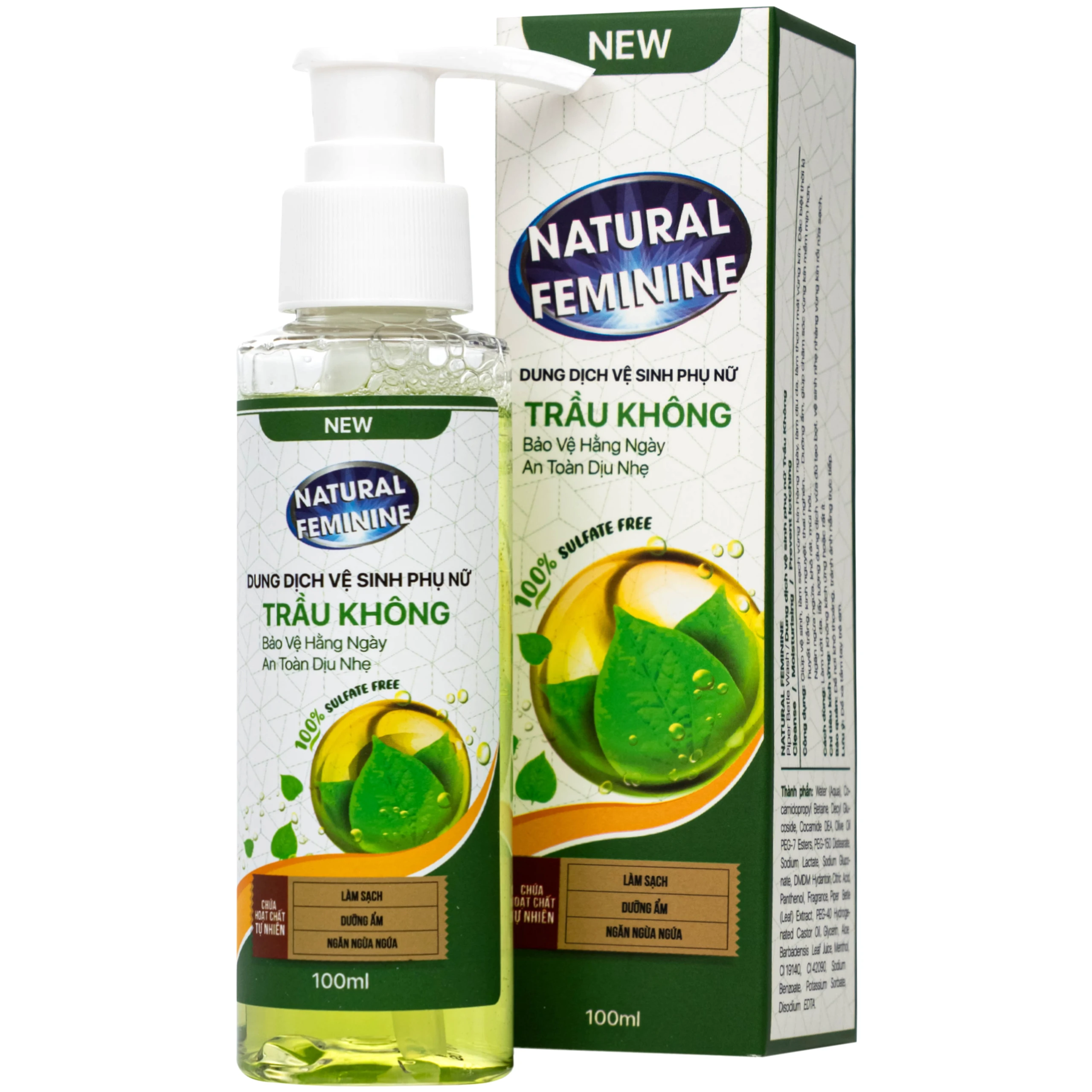 Dung dịch vệ sinh phụ nữ Natural Feminine Lá Trầu Không vệ sinh nhẹ nhàng, kháng khuẩn (100ml)