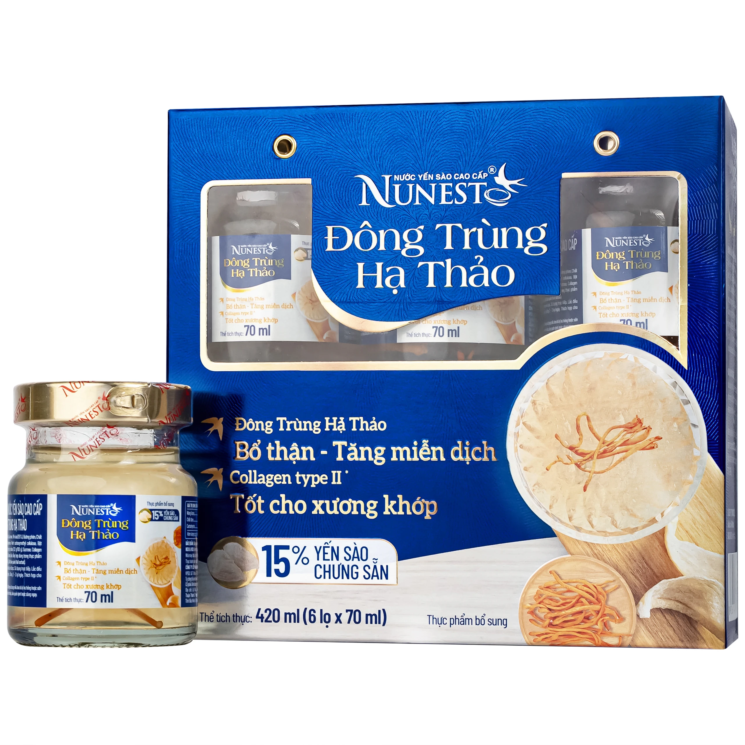 Nước Yến Sào Cao Cấp Nunest Đông Trùng Hạ Thảo 15% Yến (6 hũ x 70ml)