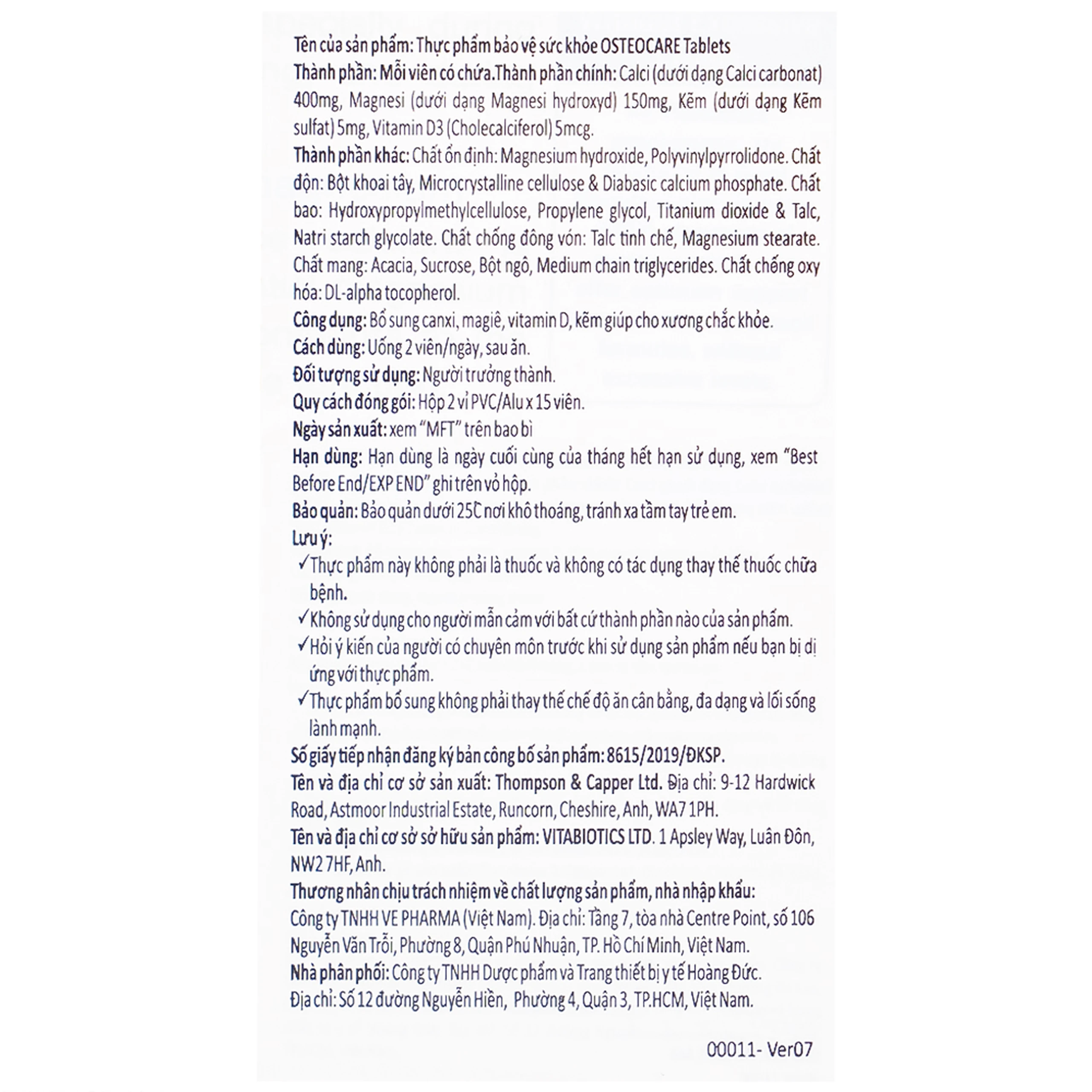 Viên bổ sung canxi khoáng chất chắc xương khoẻ khớp Vitabiotics Osteocare (2 vỉ x 15 viên)