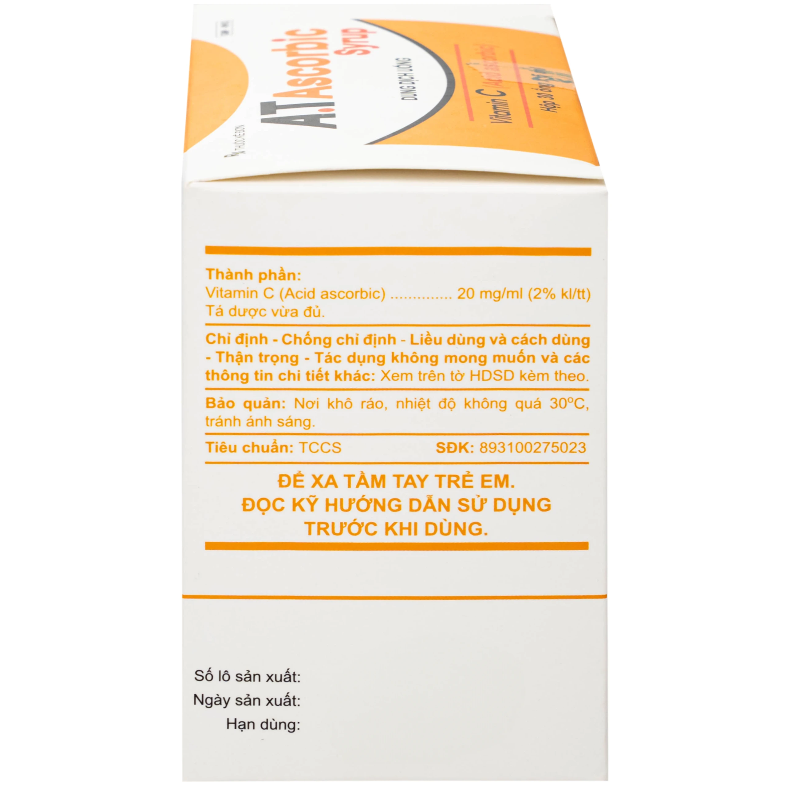 Siro A.T Ascorbic An Thiên Bổ sung vitamin C, Phòng và Điều trị bệnh scorbut (30 ống x 5ml)