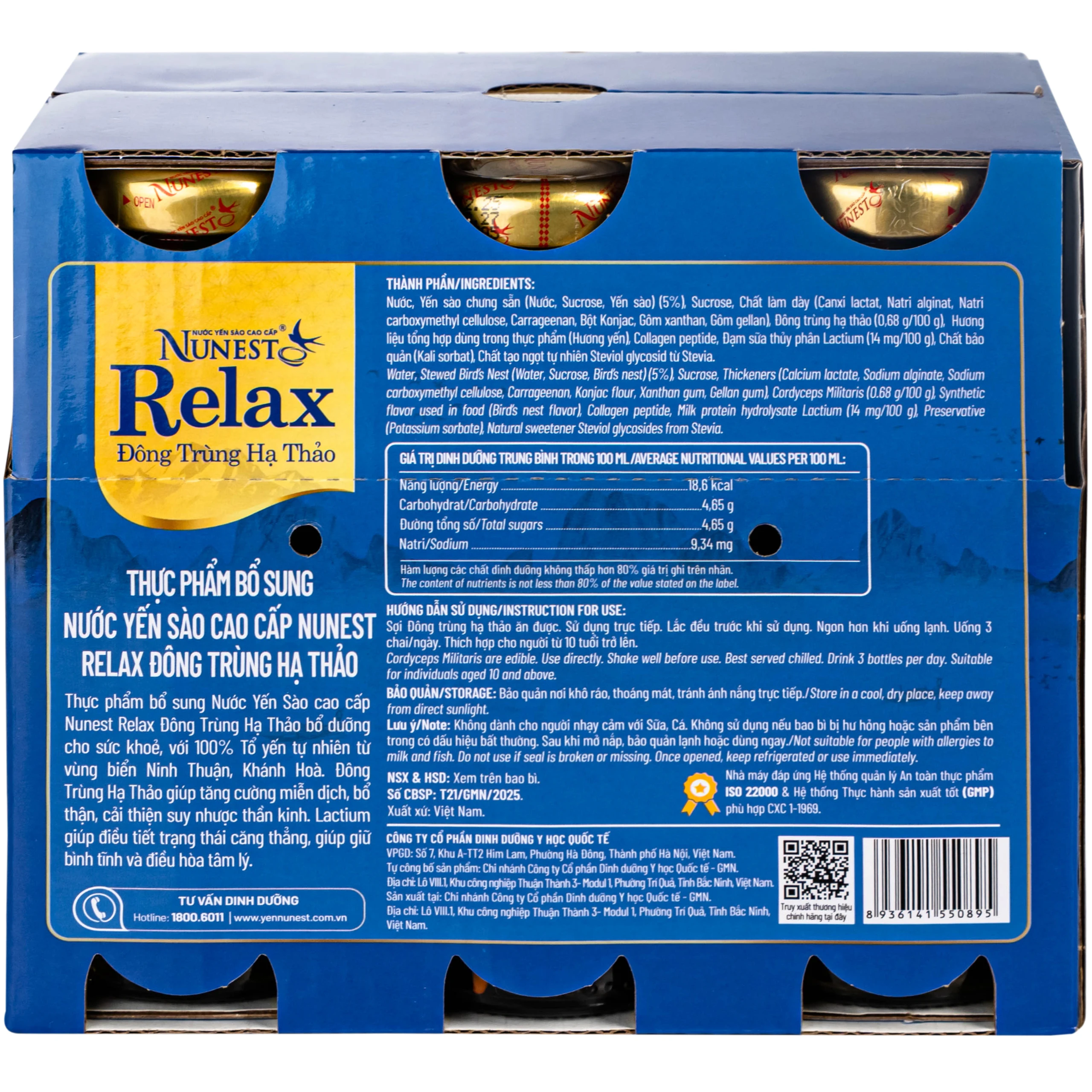 Nước Yến Sào Cao Cấp Nunest Relax Đông Trùng Hạ Thảo 5% Yến (6 chai x 185ml)