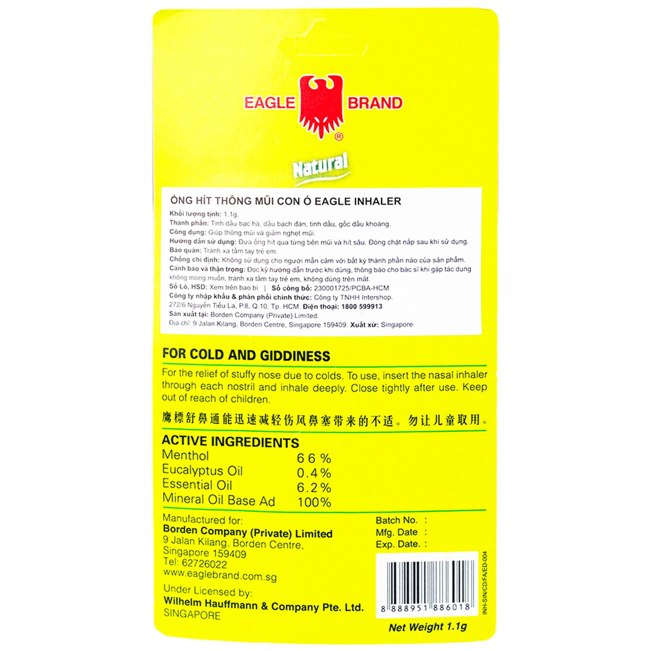 Ống hít Eagle Inhaler 1.1g giúp thông mũi, giảm nghẹt mũi