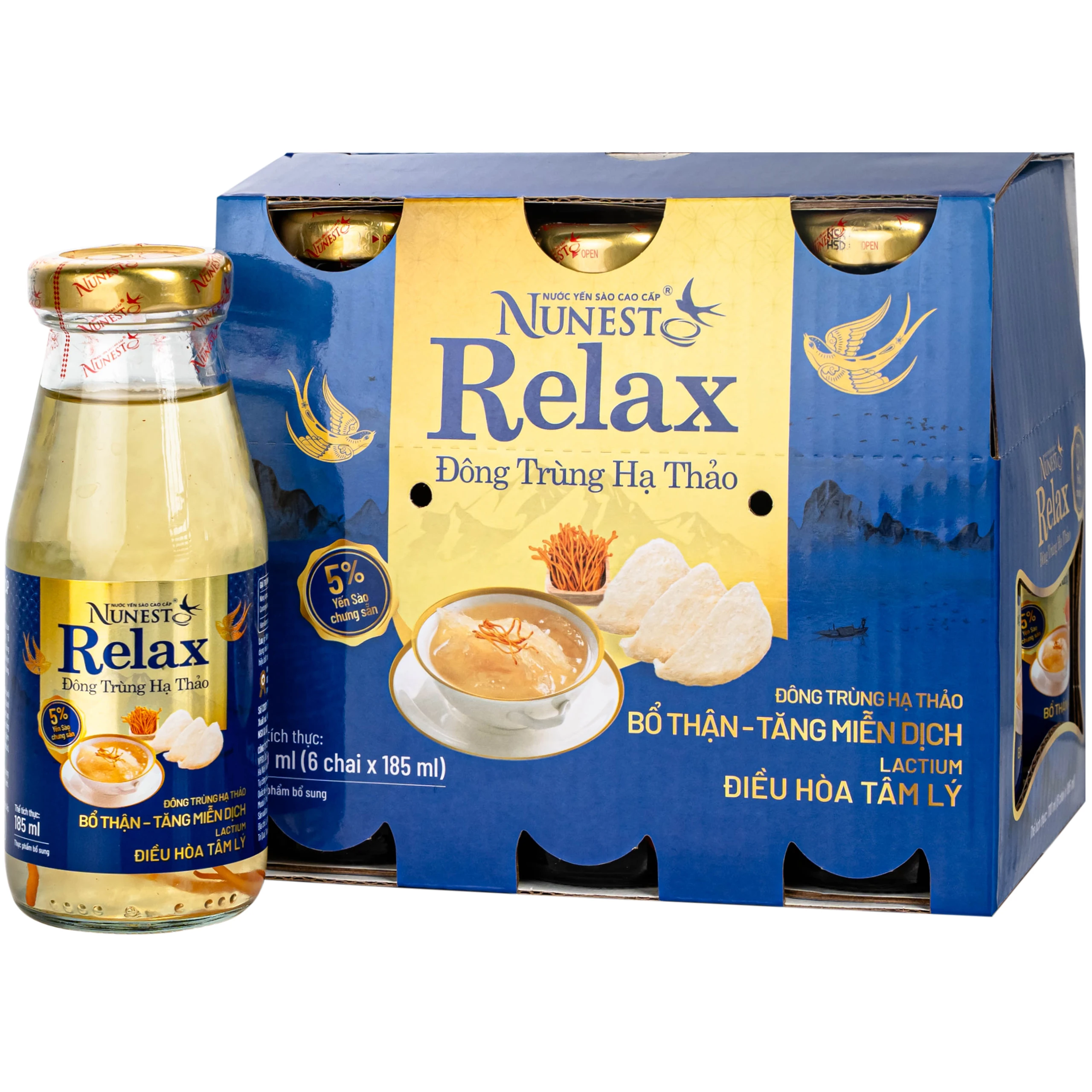 Nước Yến Sào Cao Cấp Nunest Relax Đông Trùng Hạ Thảo 5% Yến (6 chai x 185ml)