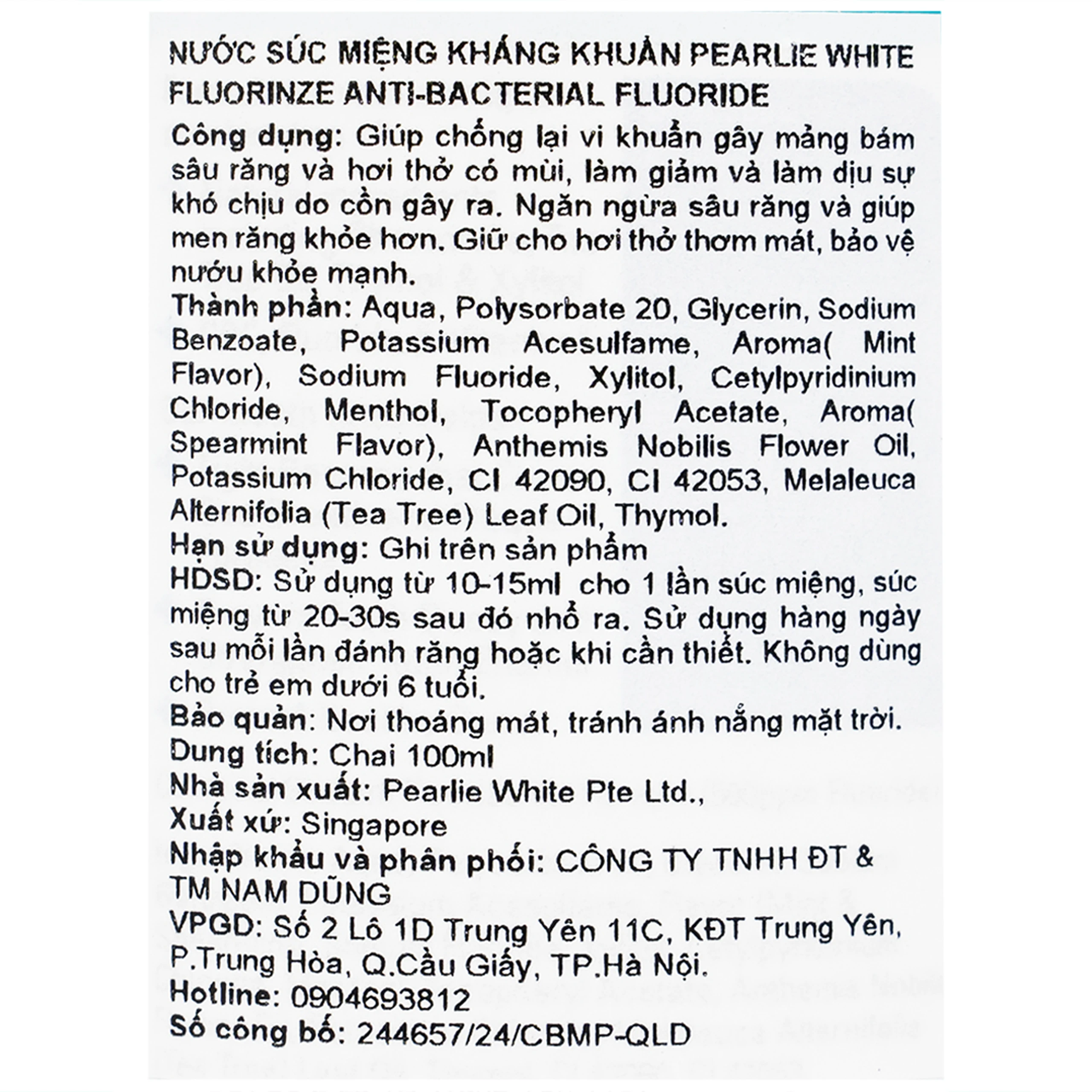 Nước súc miệng Pearlie White Fluorinze Anti-Bacterial Fluoride (100ml)