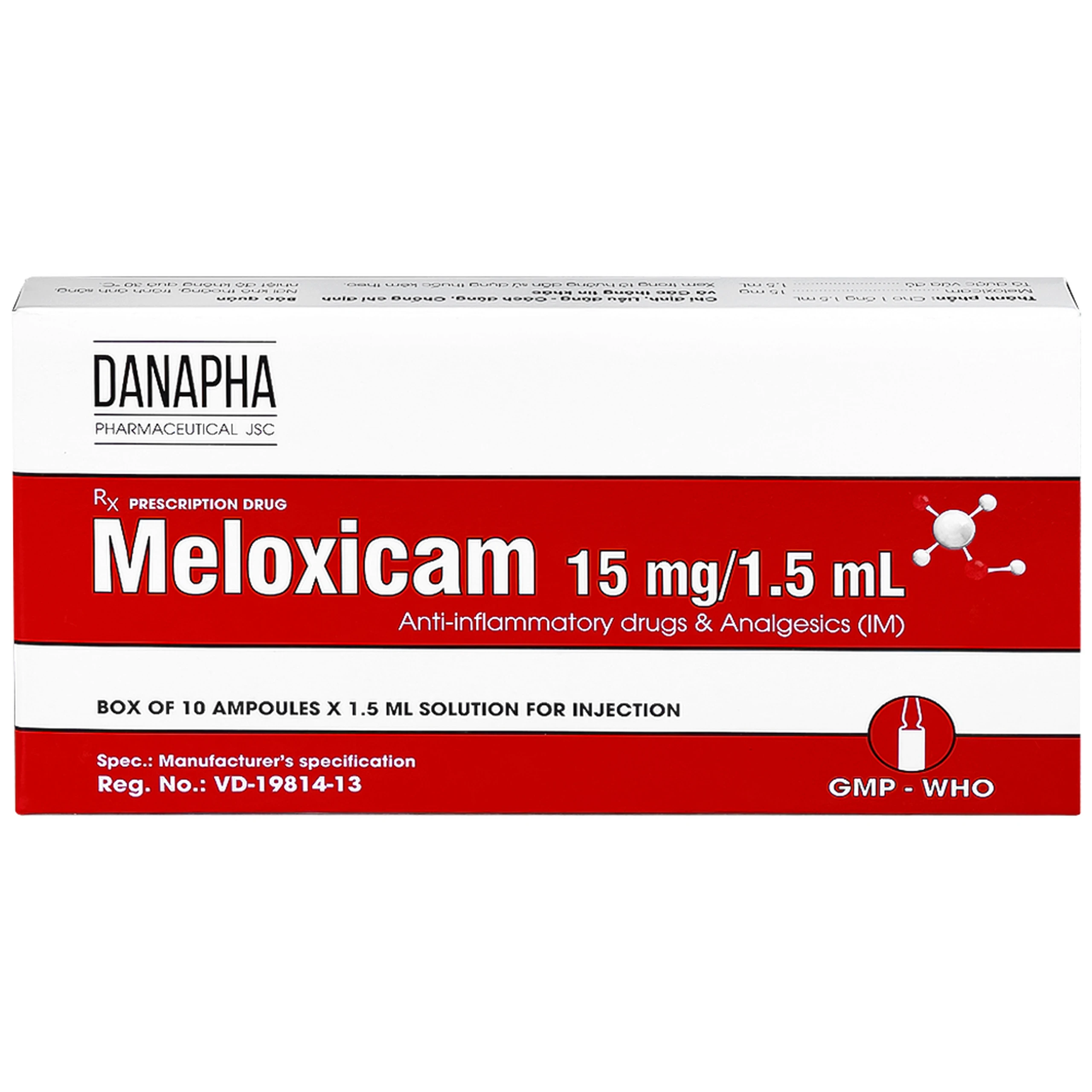 Dung dịch tiêm Meloxicam 15mg/1.5ml Danapha điều trị đau viêm xương khớp (10 ống)