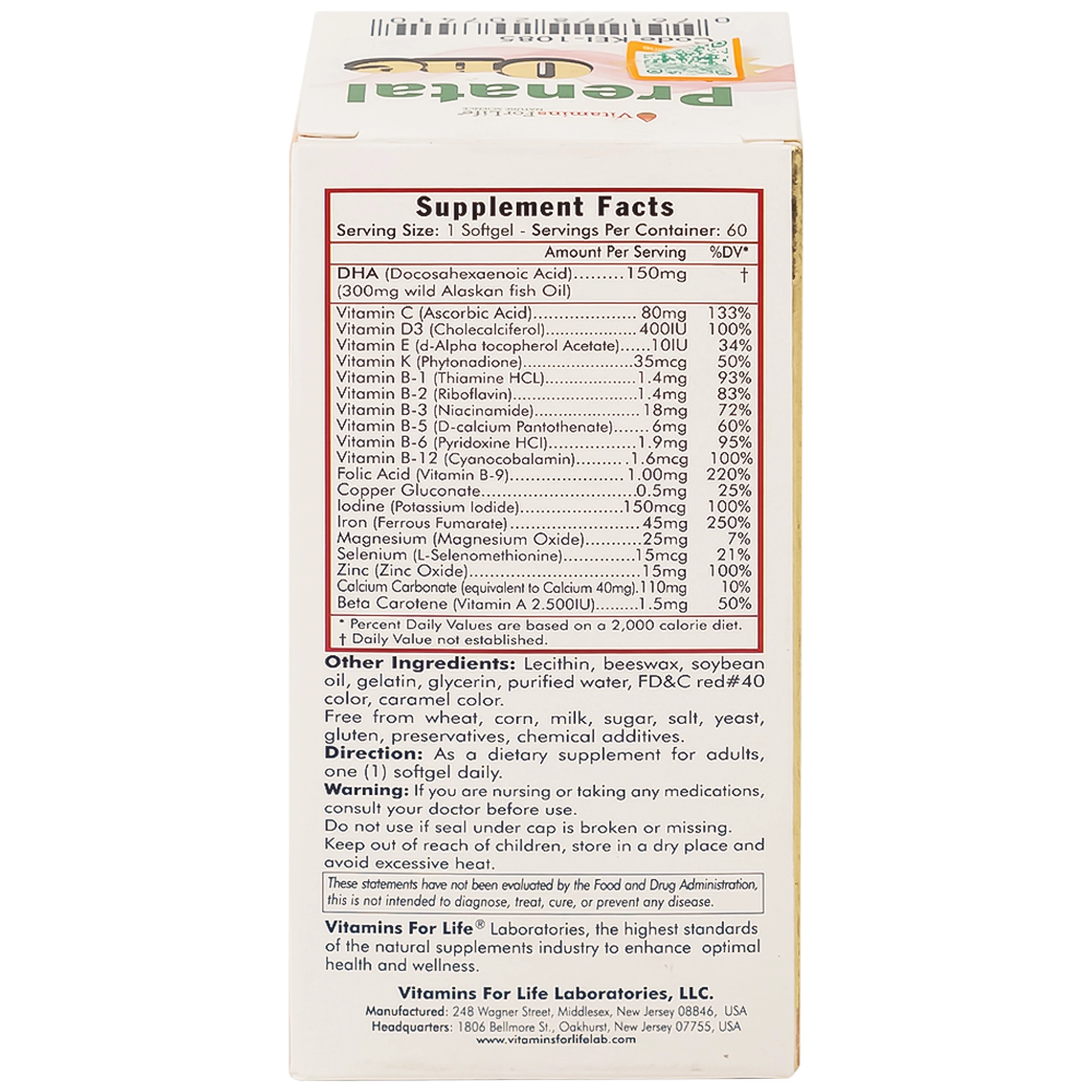 Viên uống bổ sung vitamin và khoáng chất cho phụ nữ mang thai và sau sinh Prenatal One Vitamins For Life (60 viên)