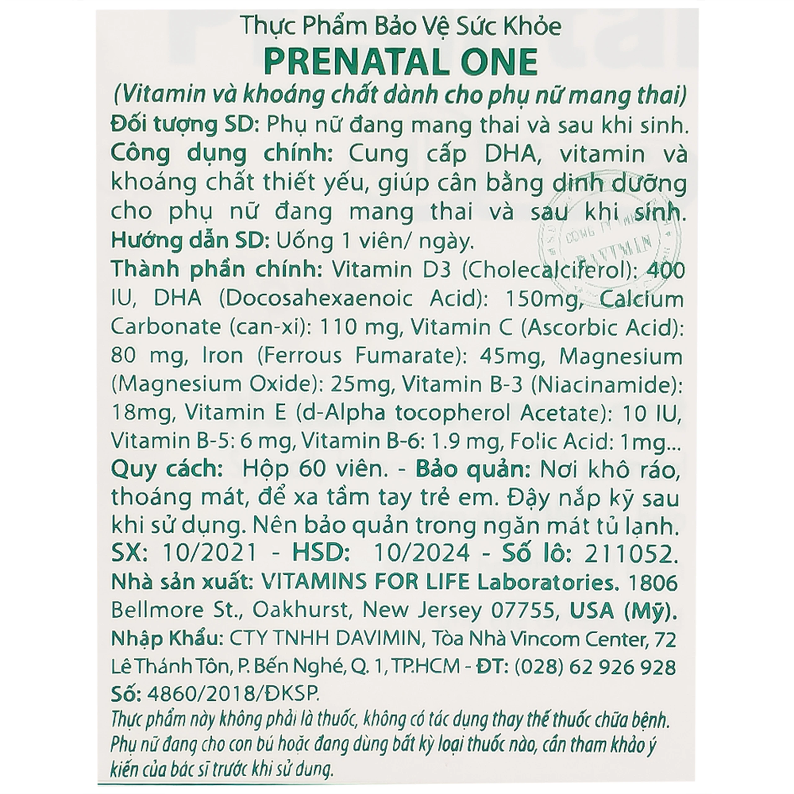 Viên uống bổ sung vitamin và khoáng chất cho phụ nữ mang thai và sau sinh Prenatal One Vitamins For Life (60 viên)
