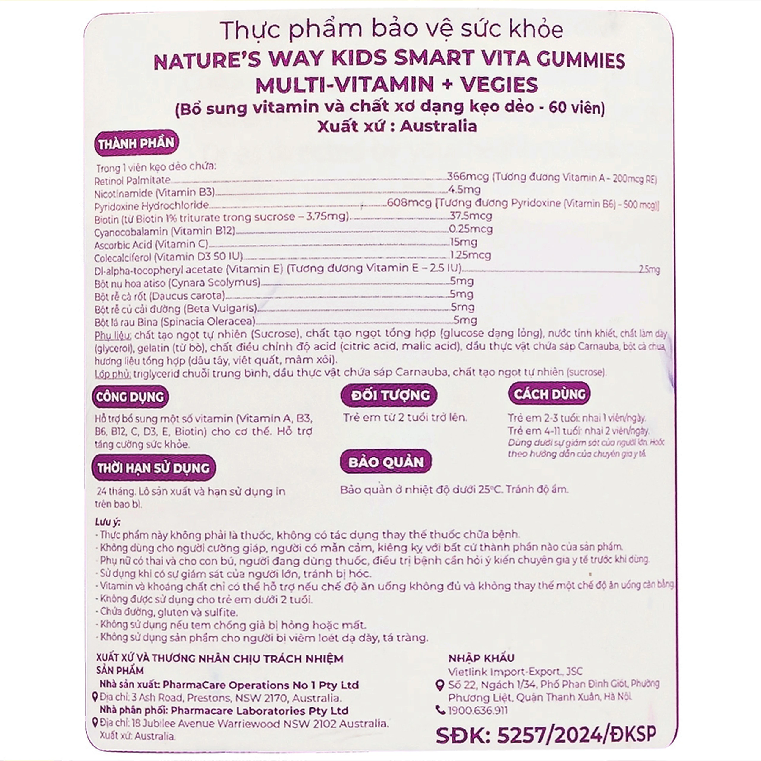 Viên nhai hỗ trợ bổ sung vitamin Kids Smart Vita Gummies Multi-vitamin Vegies Nature's Way (60 viên)