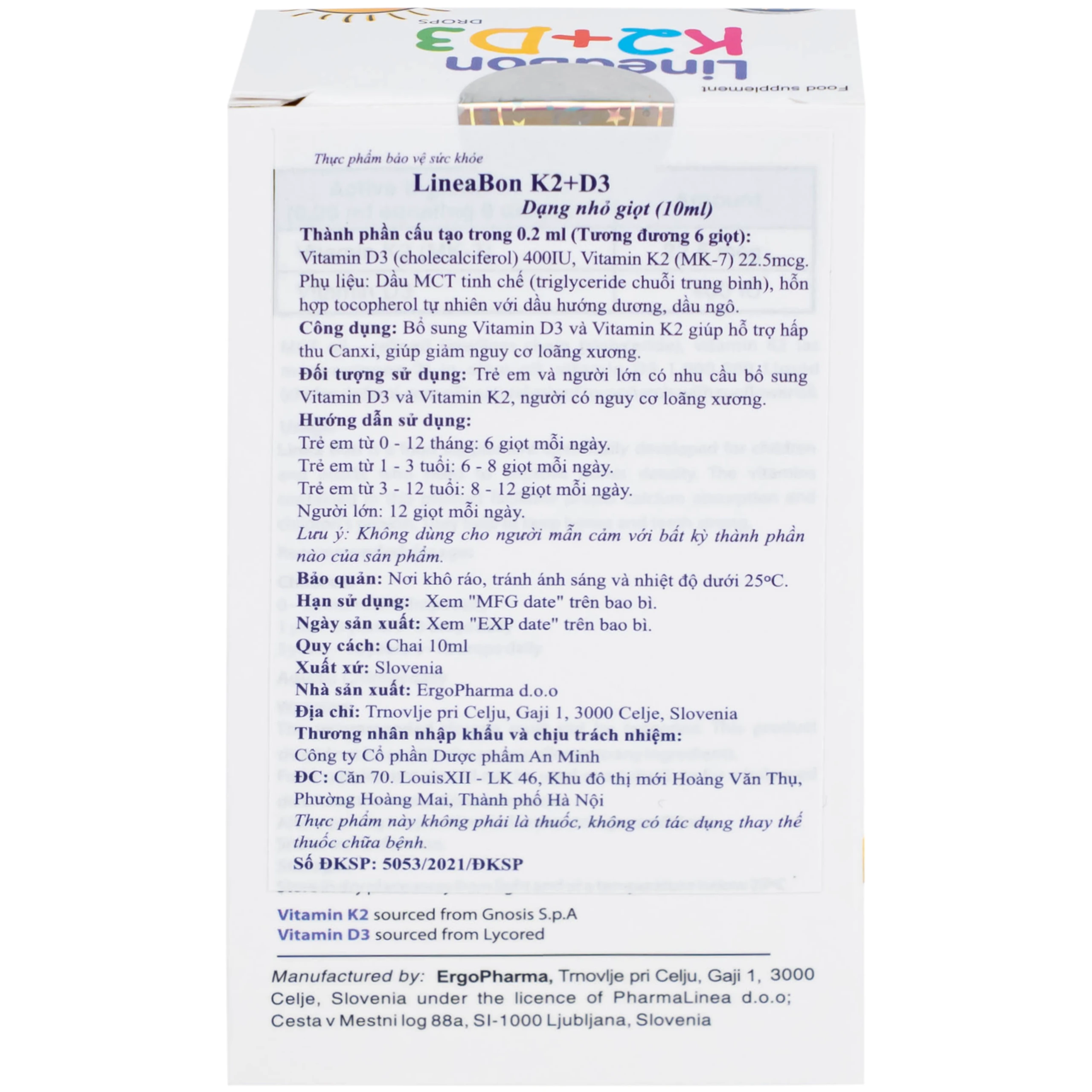 Siro giúp hỗ trợ hấp thụ canxi LineaBon K2+D3 ErgoPharm (10ml)